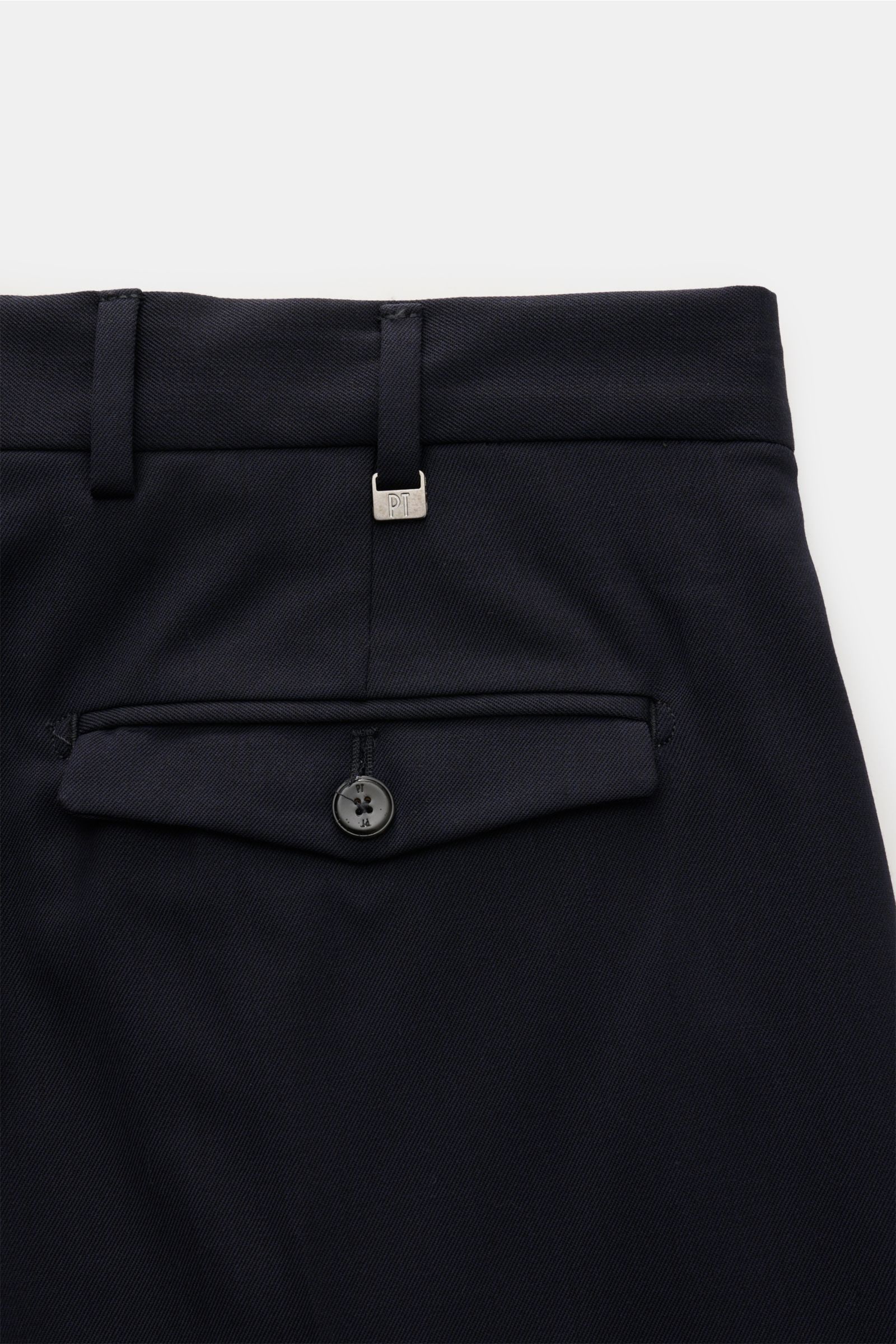 Close-up rear view of PT Torino Hose 'Rebel Fit' navy, twill microfiber and wool, slightly elastic, grippy texture, Rebel Fit (Tapered Fit), regular thigh width, ankle-length with zipper, hook, simple pleat, small watch pocket, French pockets, back pocket