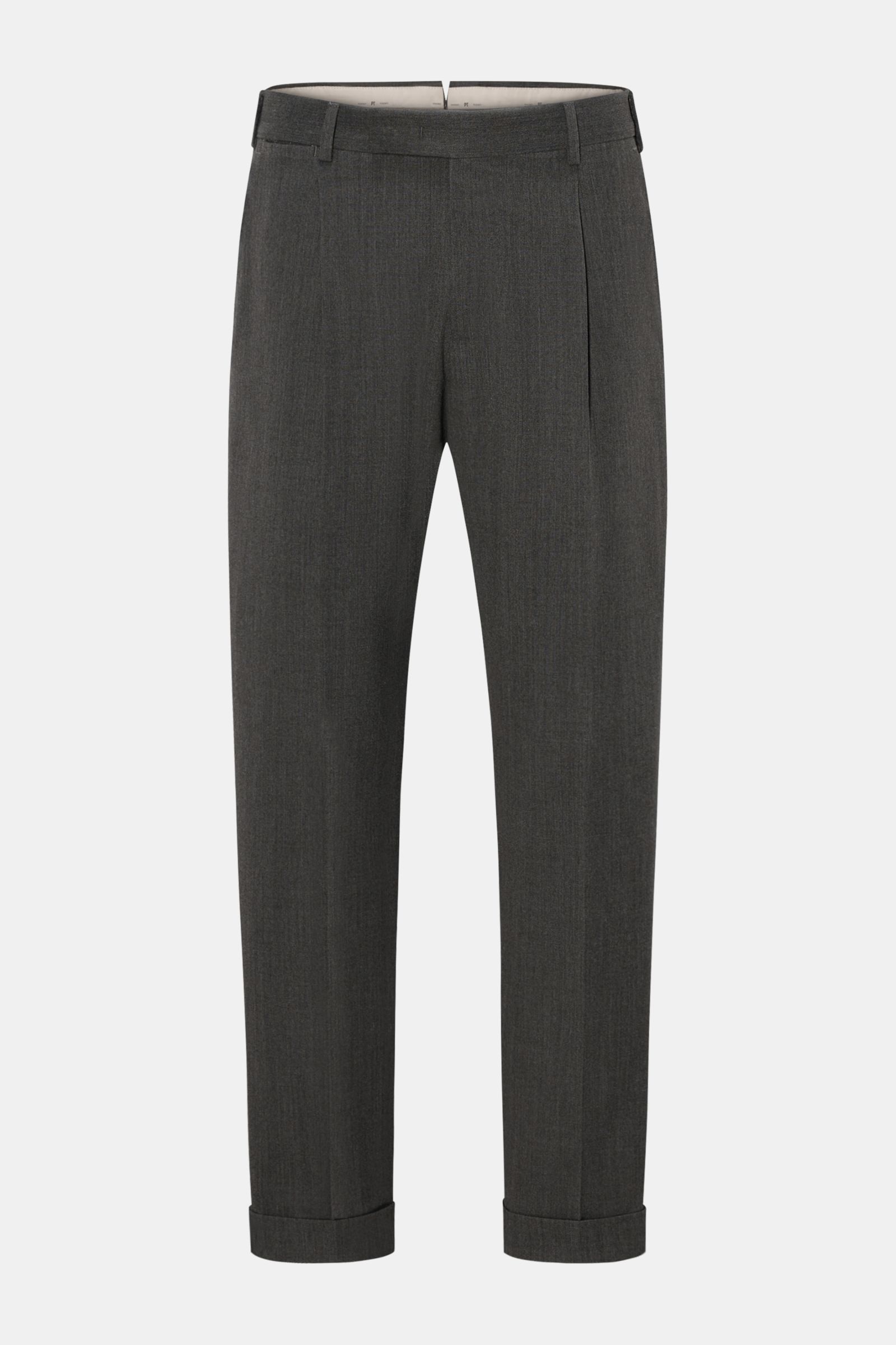 PT Torino Hose 'Rebel Fit' dunkelgrau meliert, Frontansicht, Twill aus Microfaser und Wolle, leicht elastisch, knöchellang mit fixiertem Saumaufschlag, Bundhaken, Reißverschluss, einfache Bundfalte, kleine Uhrentasche, französische Taschen, Gesäßtaschen m