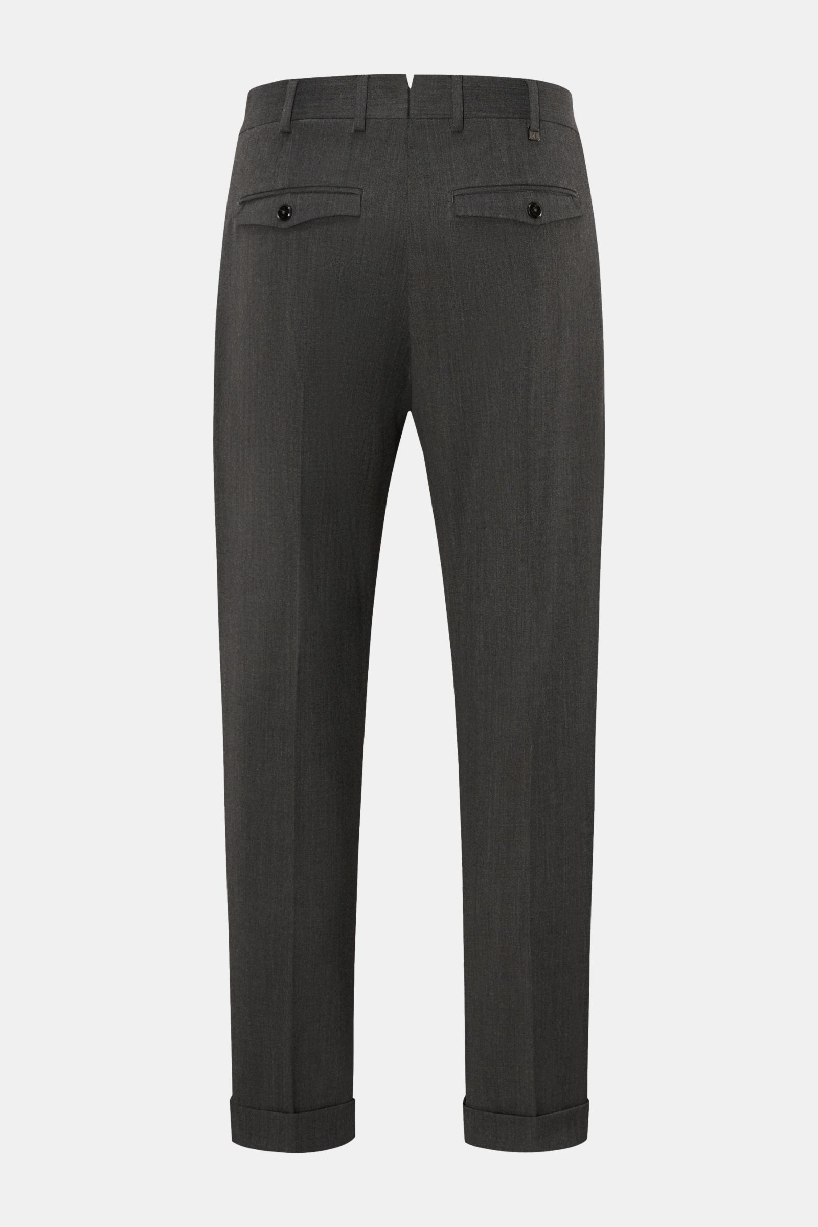 Rückansicht der PT Torino Hose 'Rebel Fit' dunkelgrau meliert aus Twill Microfaser und Wolle, leicht elastisch, mit Bundhaken, Reißverschluss, französischen Taschen, geknöpften Gesäßtaschen, Uhrentasche, einfacher Bundfalte, fixiertem Saumaufschlag, regul