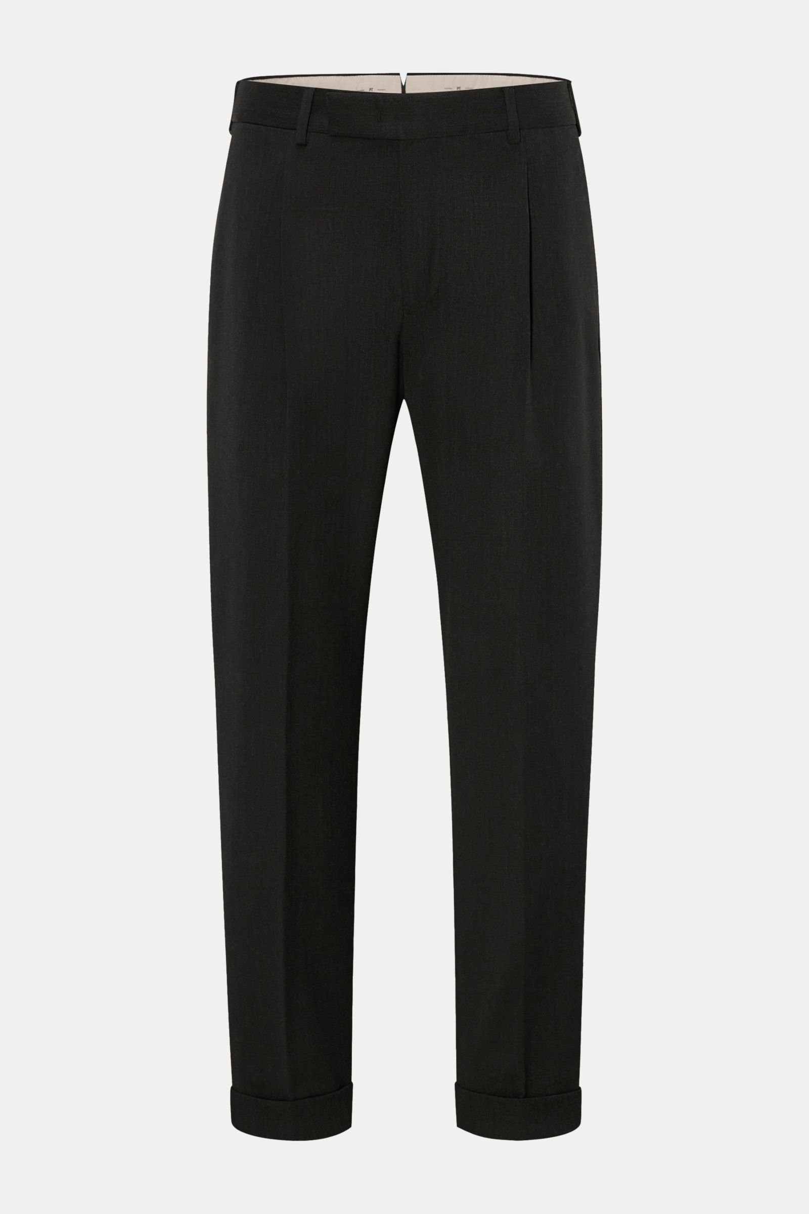 PT Torino Hose 'Rebel Fit' anthrazit, frontale Ansicht, knöchellang, Twill aus Microfaser und Wolle, leicht elastisch, mit Bundhaken, Reißverschluss, einfacher Bundfalte, französischen Taschen, Uhrentasche, geknöpften Gesäßtaschen und fixiertem Saumaufsch