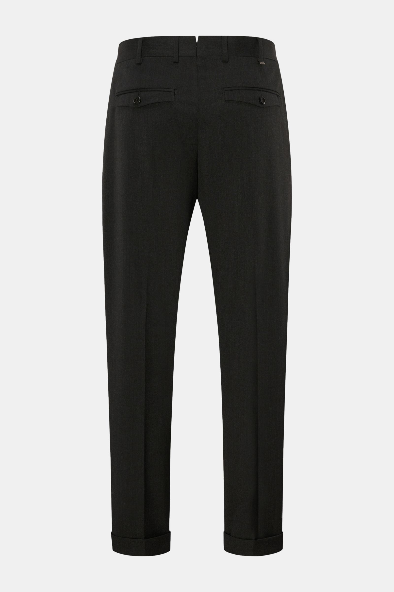 Hinteransicht der PT Torino Hose 'Rebel Fit' anthrazit aus Twill Microfaser und Wolle, leicht elastisch, mit Reißverschluss, Bundhaken, Bundfalte, Uhrentasche, französischen Taschen, geknöpften Gesäßtaschen und fixiertem Saumaufschlag.
