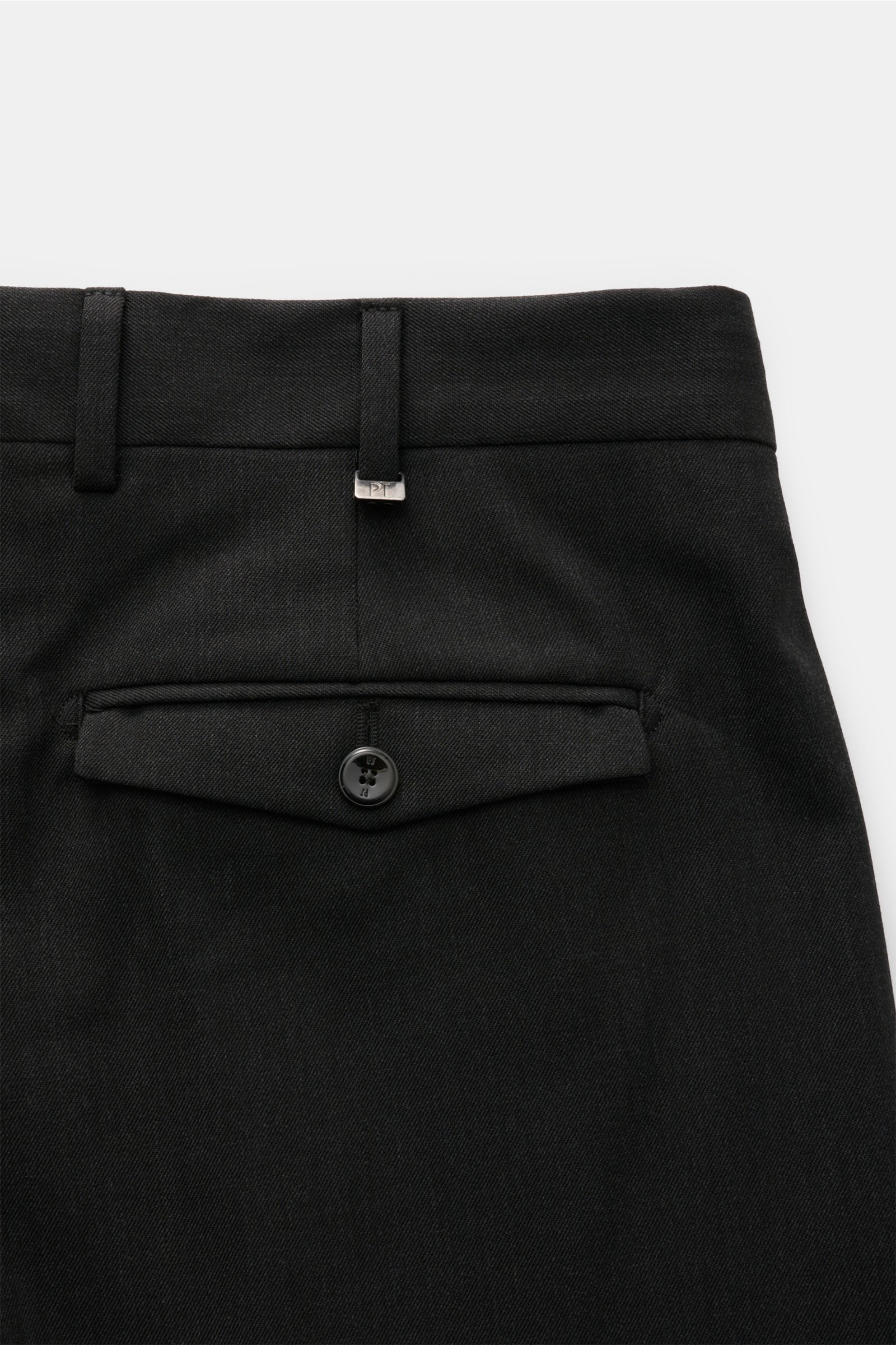 PT Torino Hose 'Rebel Fit' anthrazit, Rückansicht mit Gesäßtasche, Knopfpatte, Bundhaken, Uhrentasche, Twill aus Microfaser und Wolle, leicht elastisch, knöchellang.