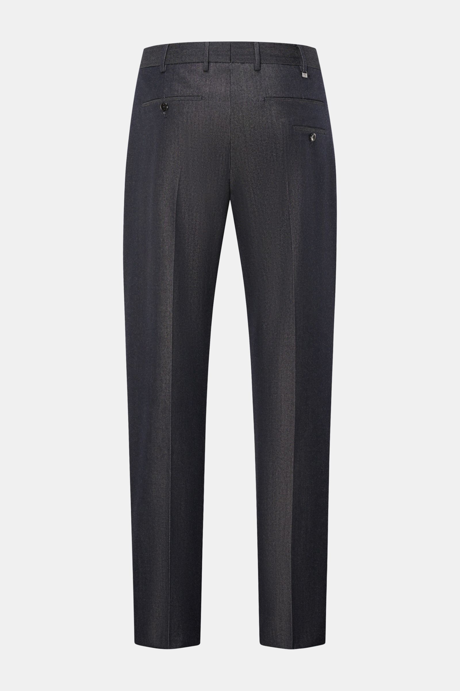 Rückansicht der PT Torino Hose 'Rebel Fit' dark navy meliert aus Twill Wolle/Baumwolle, mit leichter Griffigkeit, Reißverschluss, Bundhaken, einfacher Bundfalte, französischen Taschen, paspelierten Gesäßtaschen mit Knopf, offener Saumlänge und regulärer O