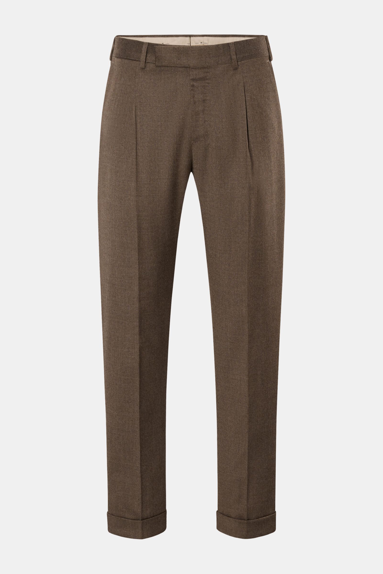 PT Torino Wollhose 'Rebel Fit' graubraun meliert, knöchellang, aus leicht elastischer Schurwolle mit weichem Griff, Frontansicht, Reißverschluss, Bundhaken, einfache Bundfalte, kleine Uhrentasche, französische Taschen, Gesäßtaschen mit geknöpfter Patte, f