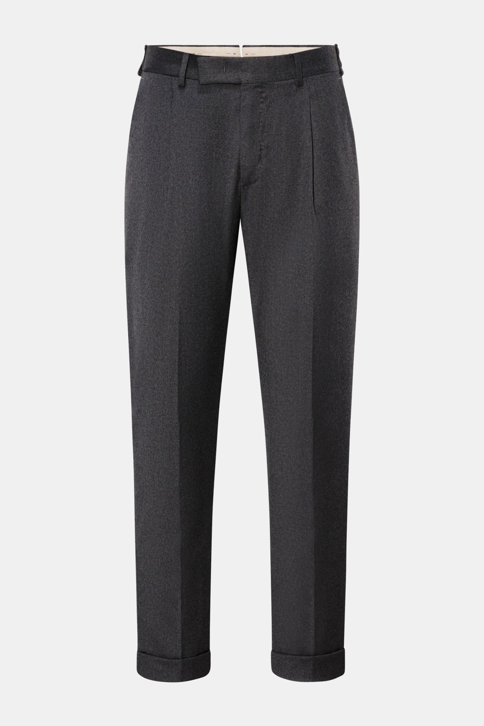 PT Torino Wollhose 'Rebel Fit' dunkelgrau meliert, knöchellang mit Reißverschluss, Bundhaken, französischen Taschen, Uhrentasche, geknöpfter Gesäßtasche, fixiertem Saumaufschlag, aus weich griffiger, leicht elastischer Schurwolle, Frontansicht.
