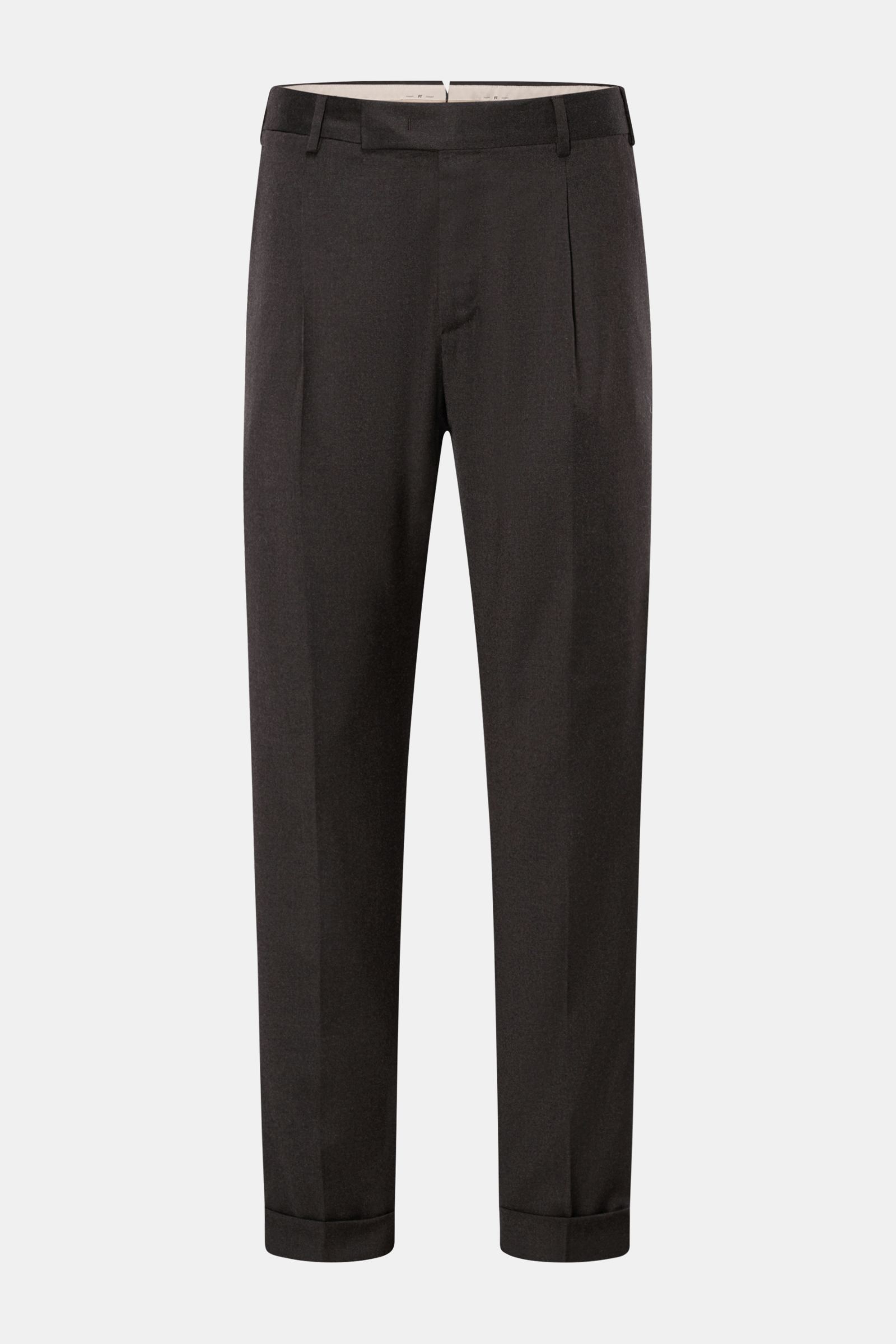 Frontansicht der PT Torino Wollhose 'Rebel Fit' dunkelbraun meliert aus leicht elastischer Schurwolle, weicher Griff, knöchellang, Reißverschluss, Bundhaken, einfache Bundfalte, französische Taschen, Gesäßtaschen mit geknöpfter Patte, fixierter Saumaufsch