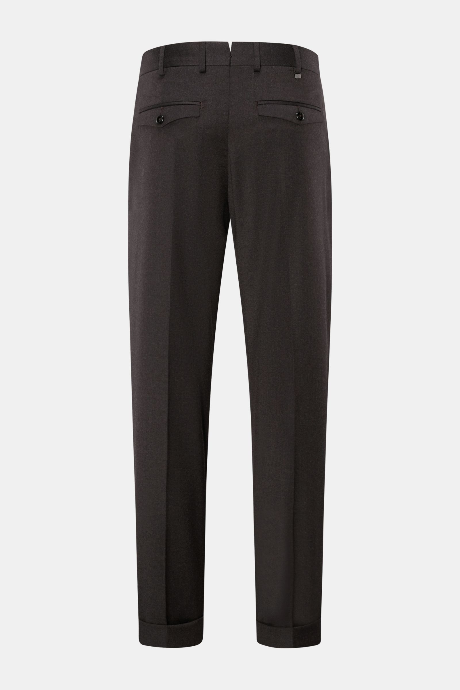 Rückansicht der PT Torino Wollhose 'Rebel Fit' dunkelbraun meliert aus leicht elastischer Schurwolle, weicher Griff, knöchellang, mit Bundhaken, Reißverschluss, französischen Taschen, kleiner Uhrentasche, Gesäßtaschen mit Patte, regulärer Oberschenkelweit