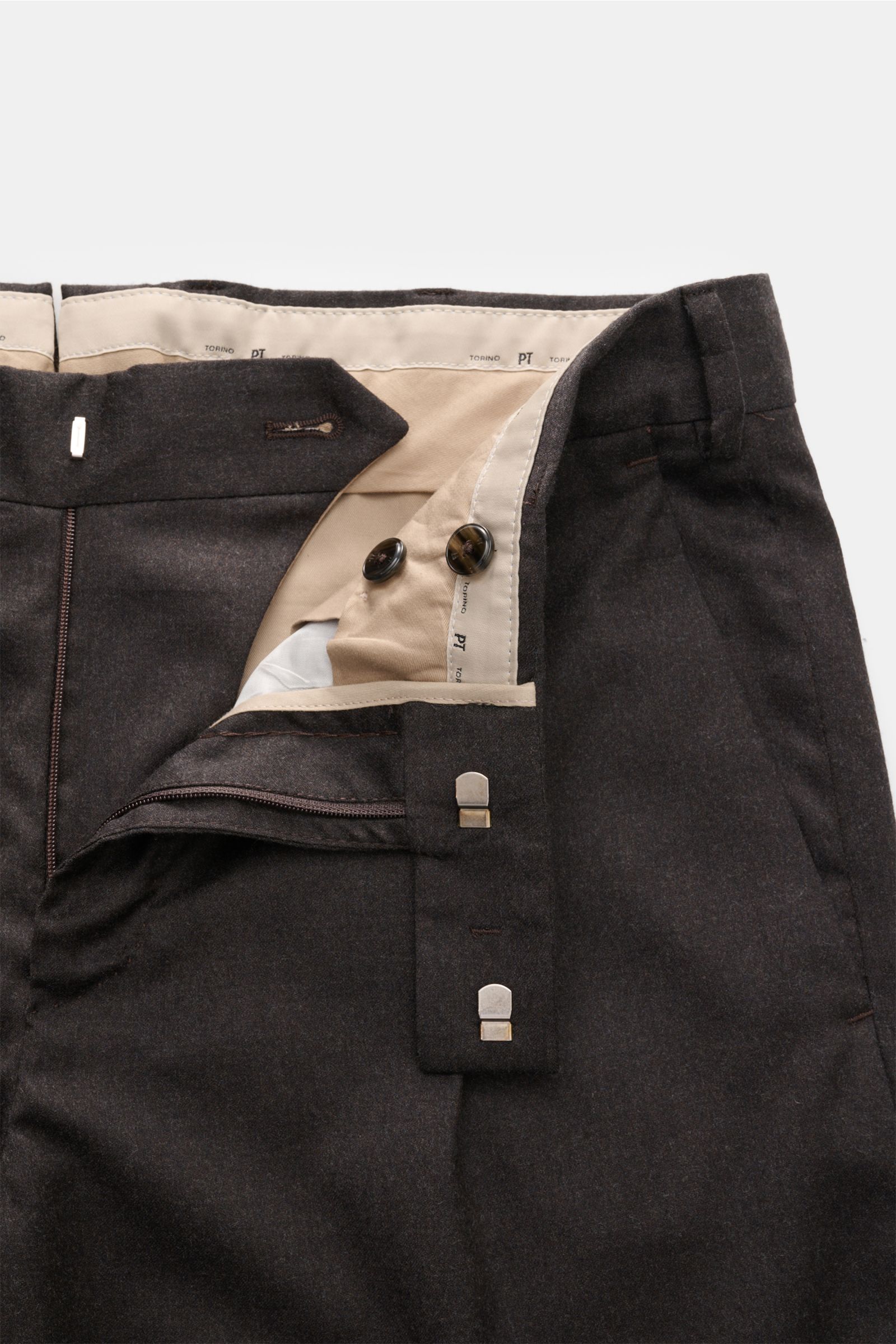 PT Torino Wollhose 'Rebel Fit' dunkelbraun meliert, knöchellang mit Reißverschluss, Bundhaken, einfacher Bundfalte, Uhrentasche, französischen und geknöpften Gesäßtaschen, fixiertem Saumaufschlag, leicht elastischer Schurwolle und weichem Griff, Frontansi