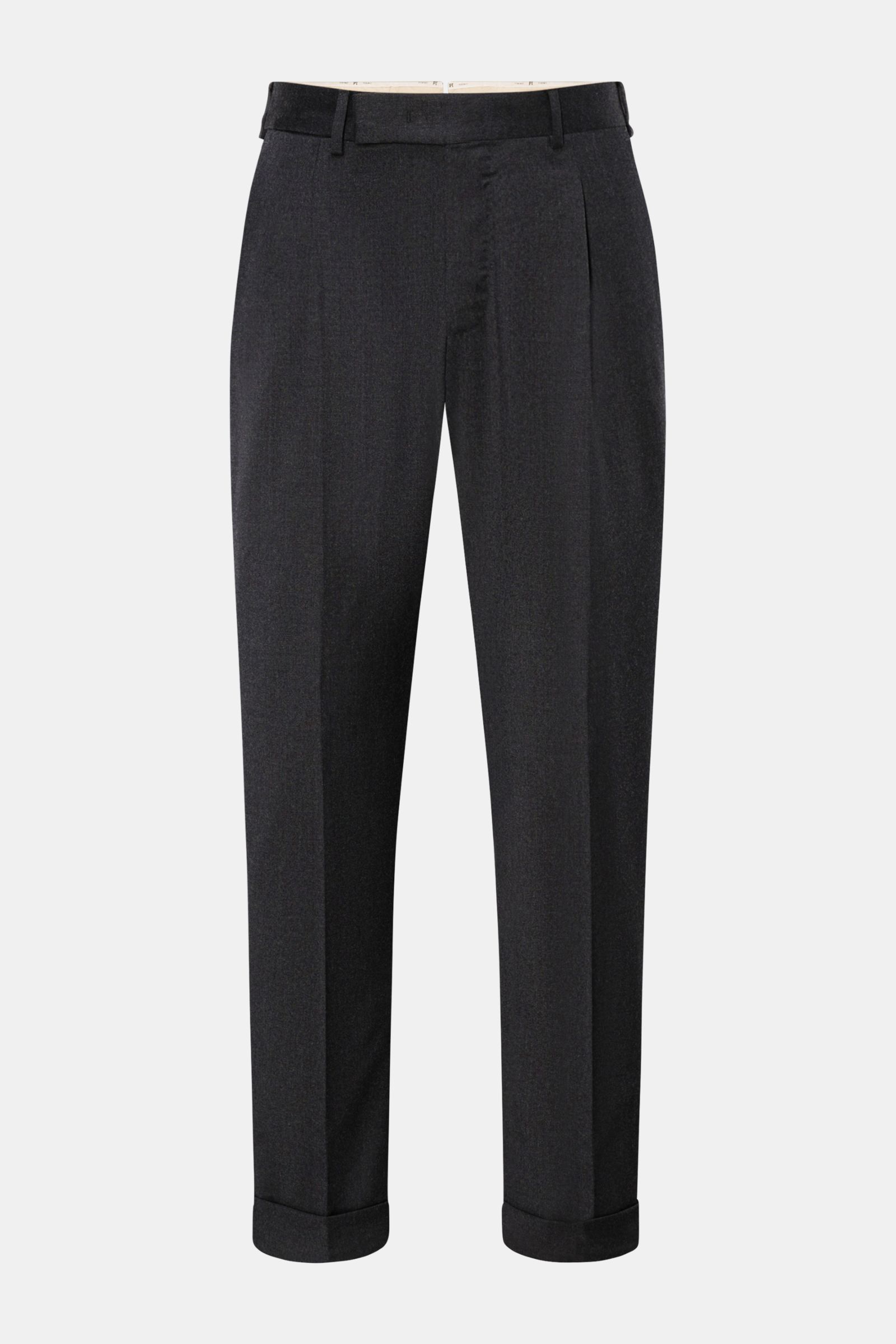 Frontale Ansicht der PT Torino Wollhose 'Rebel Fit' anthrazit meliert aus leicht elastischer Schurwolle mit weichem Griff, Reißverschluss, Bundhaken, einfacher Bundfalte, kleiner Uhrentasche, französischen Taschen, Gesäßtaschen mit geknöpfter Patte, fixie