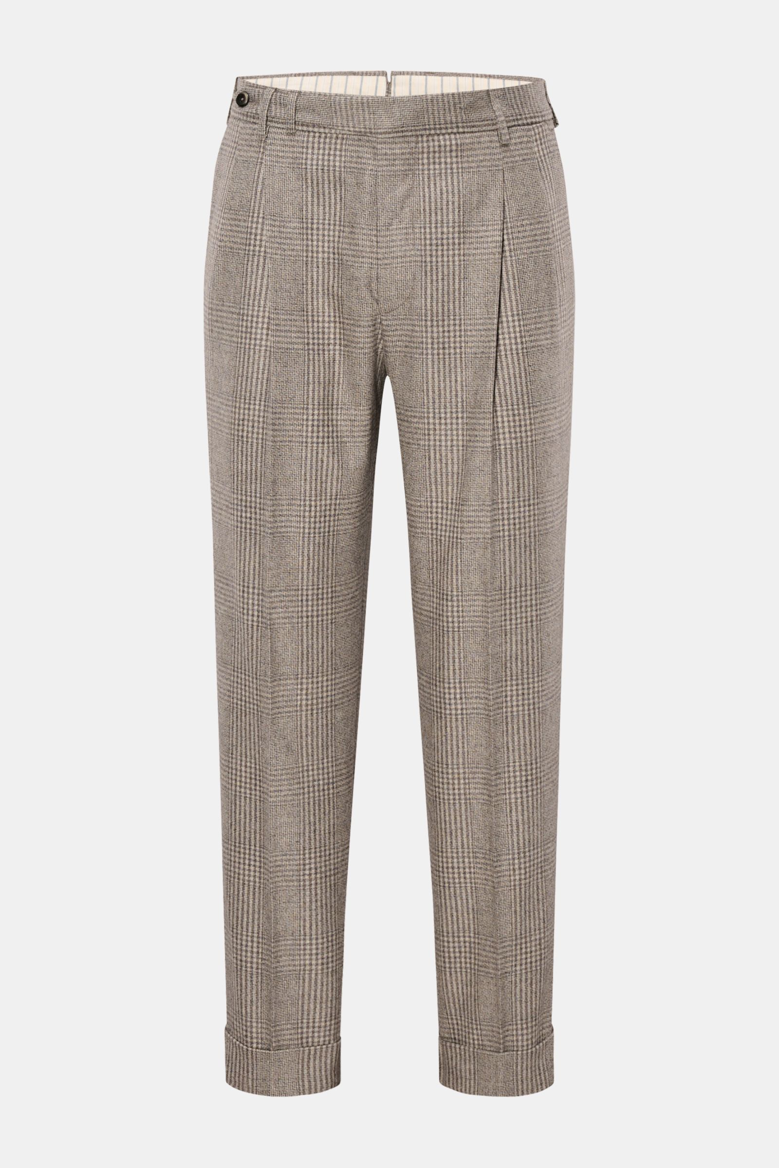PT Torino Wollhose 'Carrot Fit' grau/creme/navy kariert, frontal fotografiert, kurze Form mit Bundfalten, verlängertem Knopfriegel, schmal zulaufend, knöchellang.