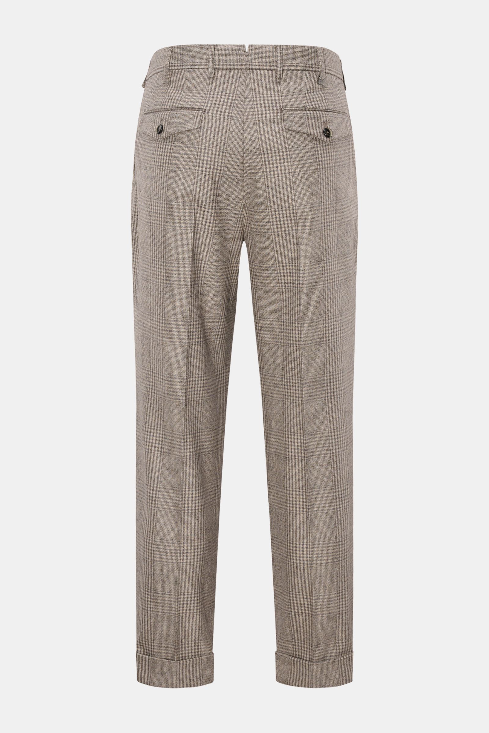 PT Torino Wollhose 'Carrot Fit' grau/creme/navy kariert, Rückansicht, knöchellang, mit Bundfalten, Uhrentasche, französischen Taschen, Saumaufschlag.