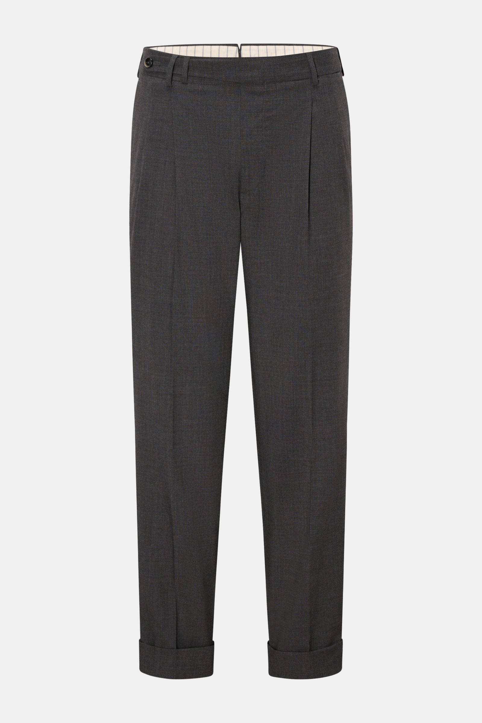 PT Torino Jersey-Hose 'Carrot Fit' dunkelgrau meliert, frontal fotografiert, kurze Länge, Bundfalten, verlängerte Knopfleiste, fixierter Saumaufschlag.