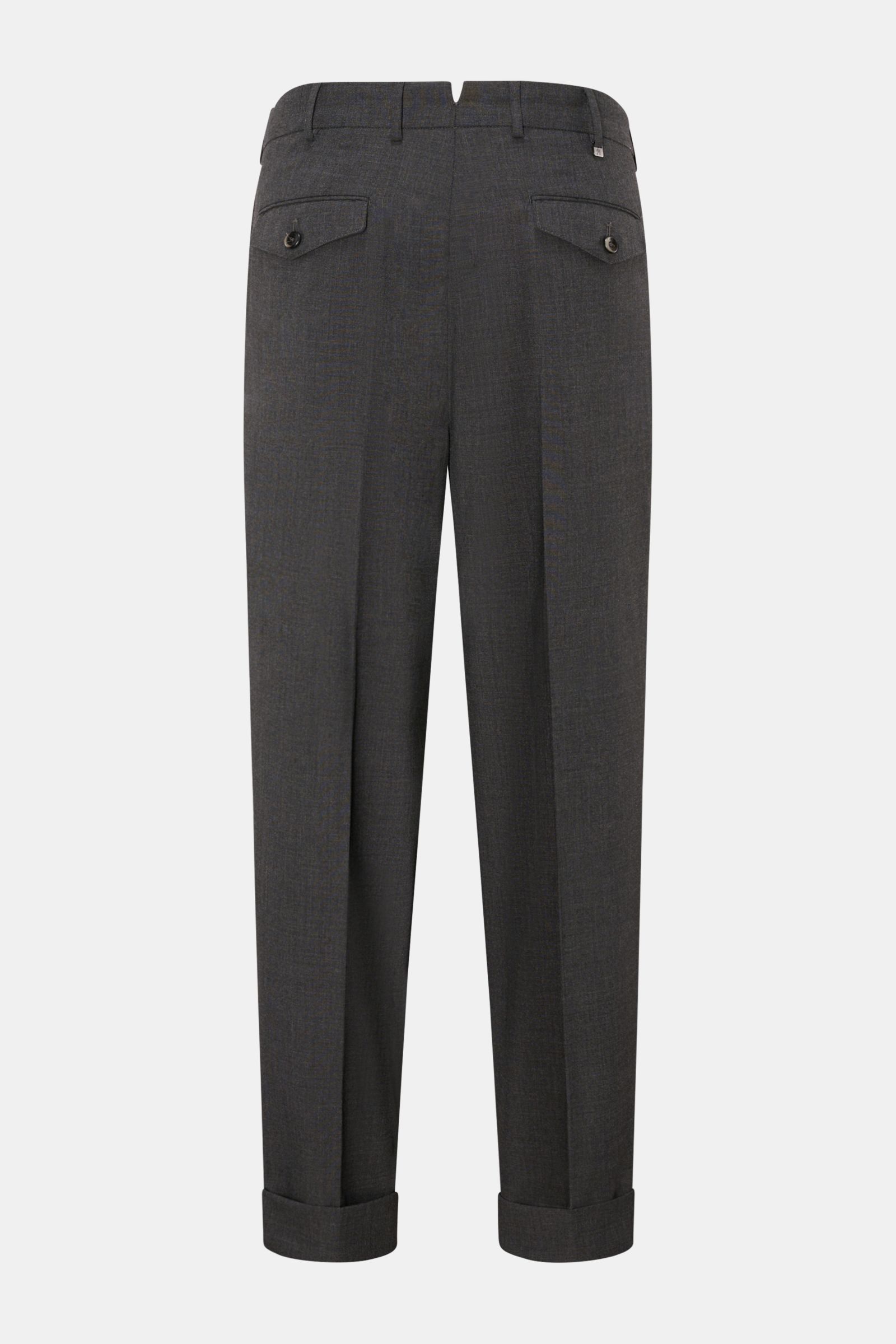 Rückansicht der PT Torino Jersey-Hose 'Carrot Fit' dunkelgrau meliert aus Woll-Mix mit Bundfalten, verlängertem Knopfriegel, französischen Taschen, schmal zulaufend und fixiertem Saumaufschlag.
