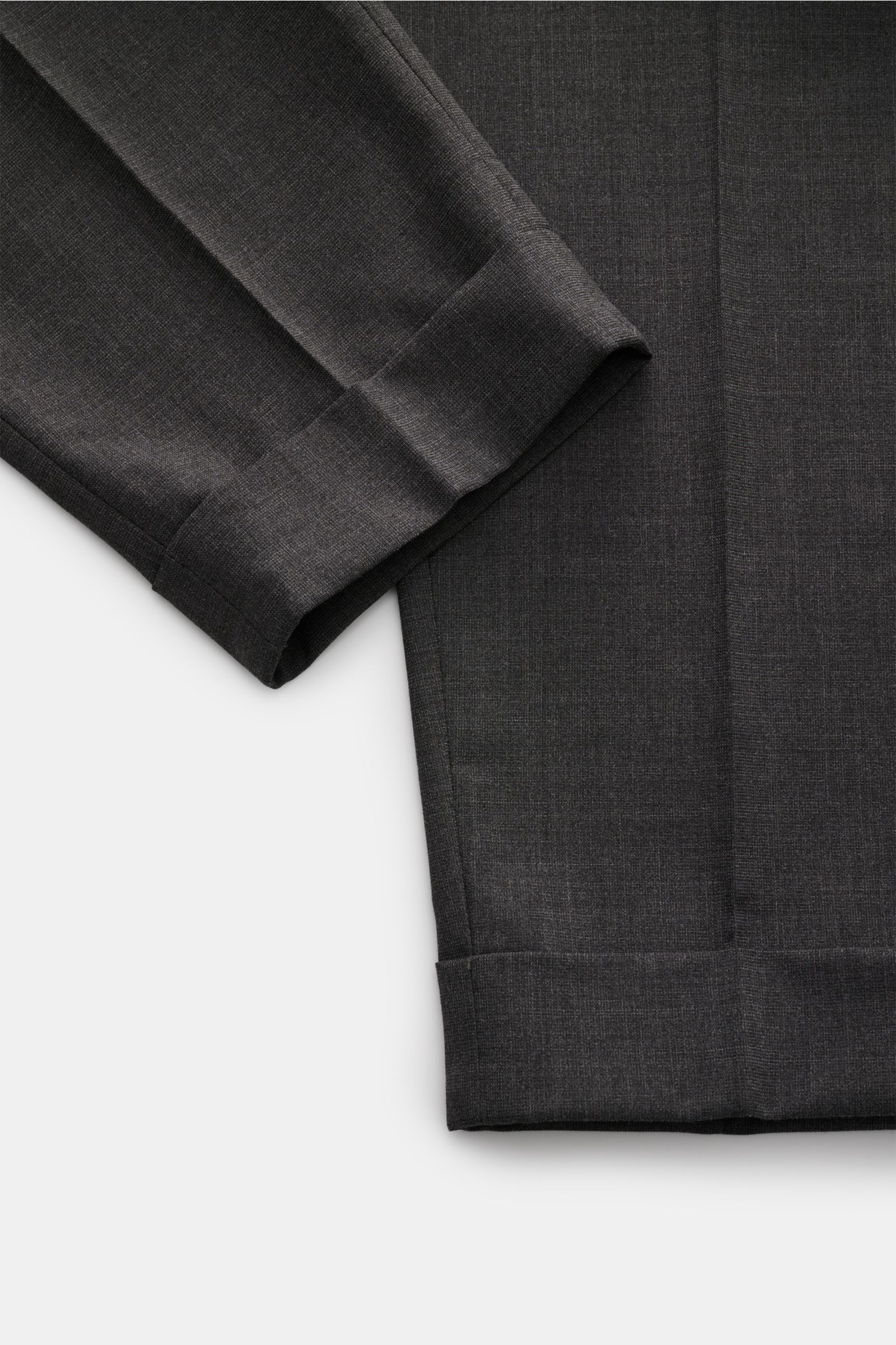 PT Torino Jersey-Hose 'Carrot Fit' dunkelgrau meliert, knöchellang, schmal zulaufend, mit fixiertem Saumaufschlag, aus Woll-Mix, Detailansicht von oben.