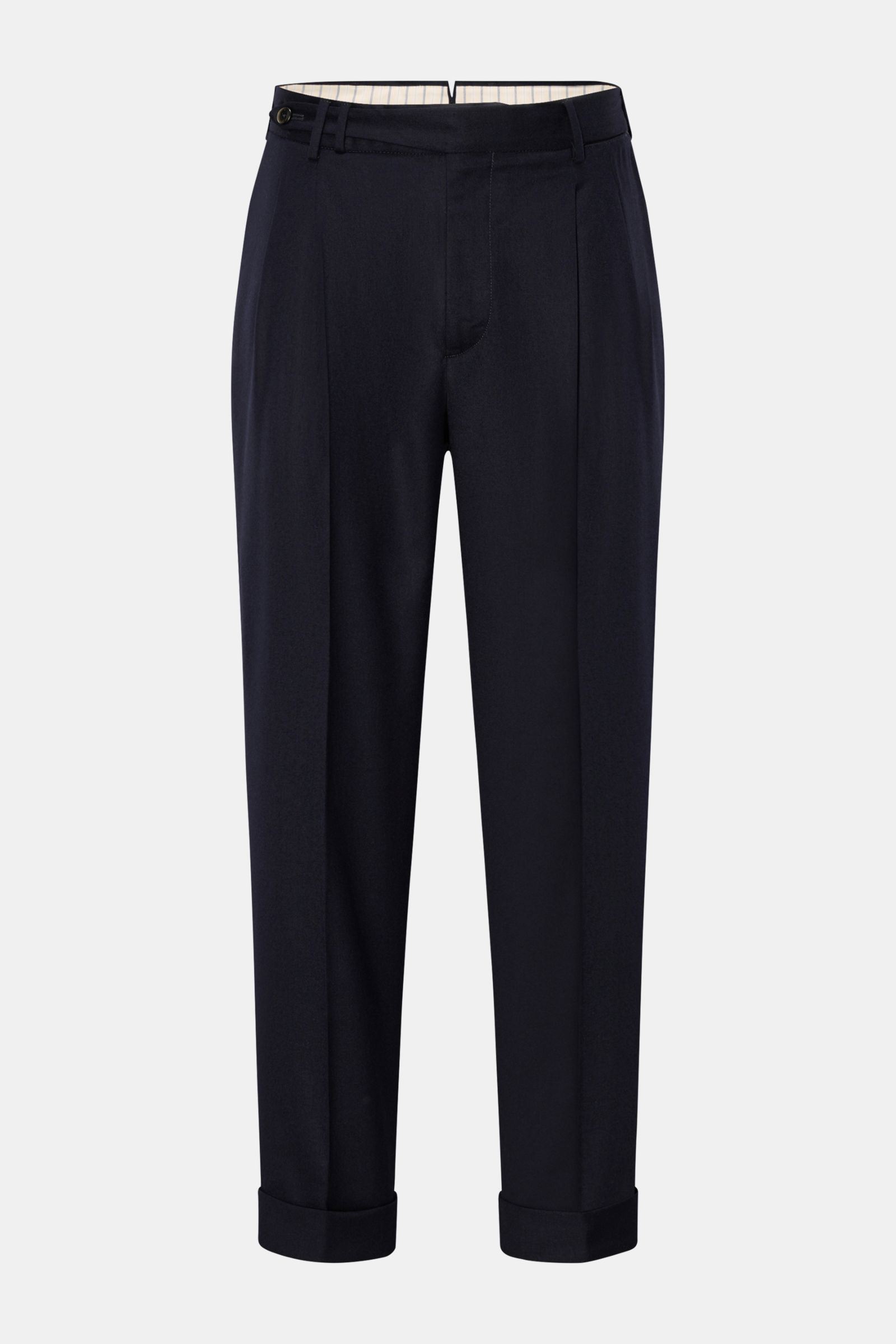 PT Torino Wollhose 'Carrot Fit' navy, frontale Aufnahme, knöchellang, schmal zulaufend, aus reiner Schurwolle mit Stretch, Bundfalten, Saumaufschlag, französische Taschen.