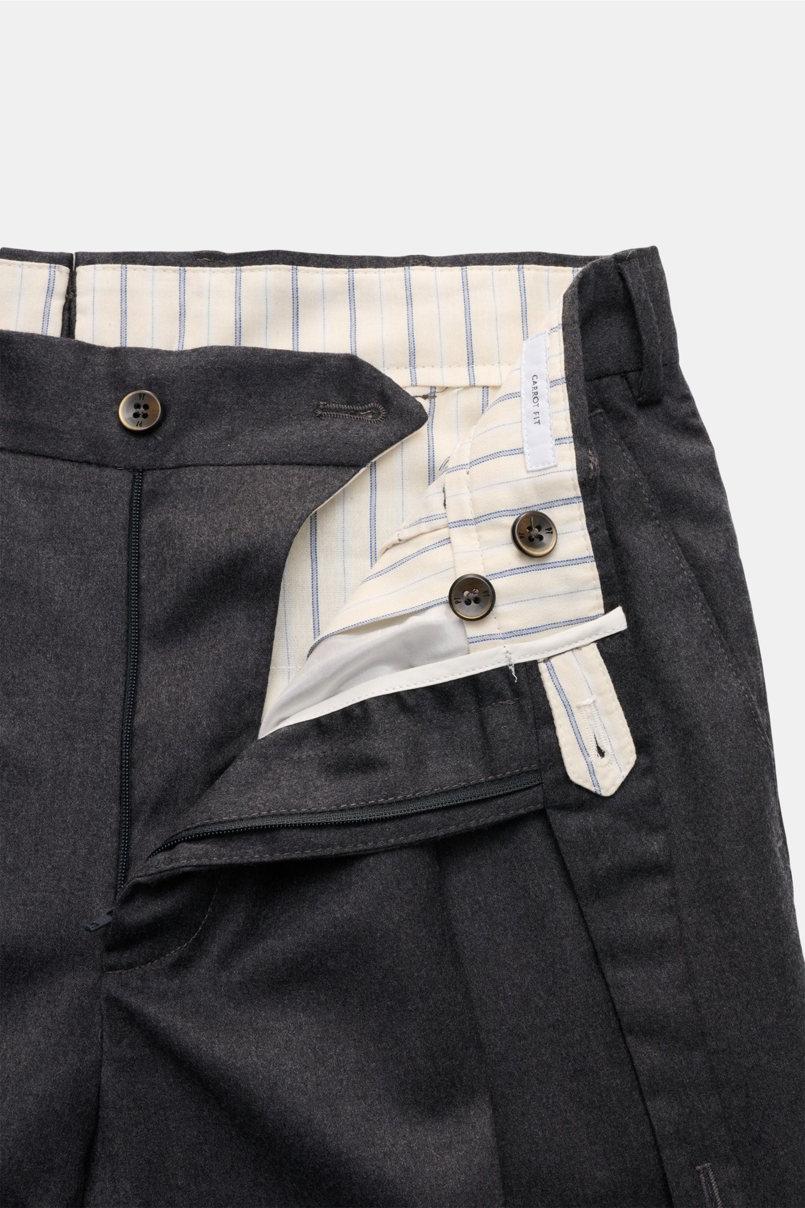 PT Torino Wollhose 'Carrot Fit' dunkelgrau meliert, Detailfoto von oben zeigt Bund, Reißverschluss, Knöpfe, weiche Schurwolle mit Stretch.