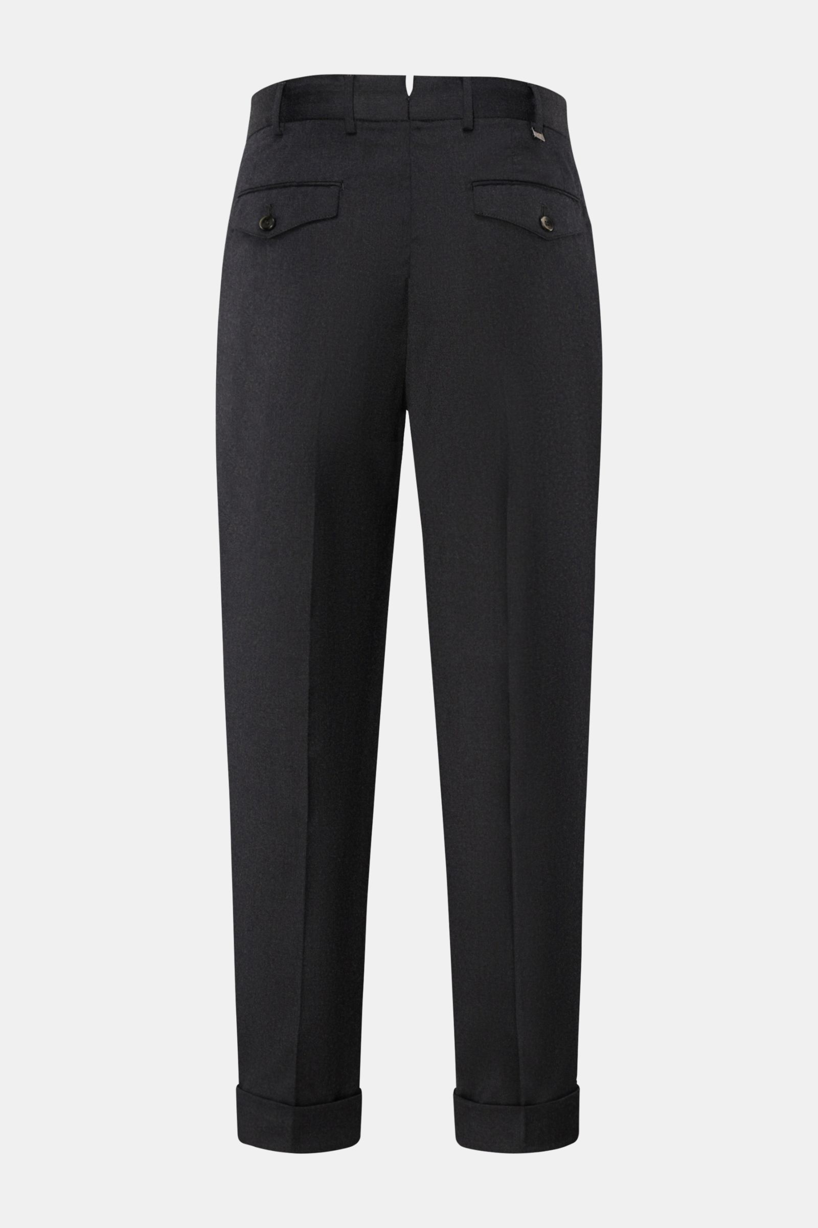 PT Torino Wollhose 'Carrot Fit' anthrazit meliert, Rückansicht, aus reiner Schurwolle mit Stretch, Bundfalten, Saumaufschlag, schmal zulaufend.