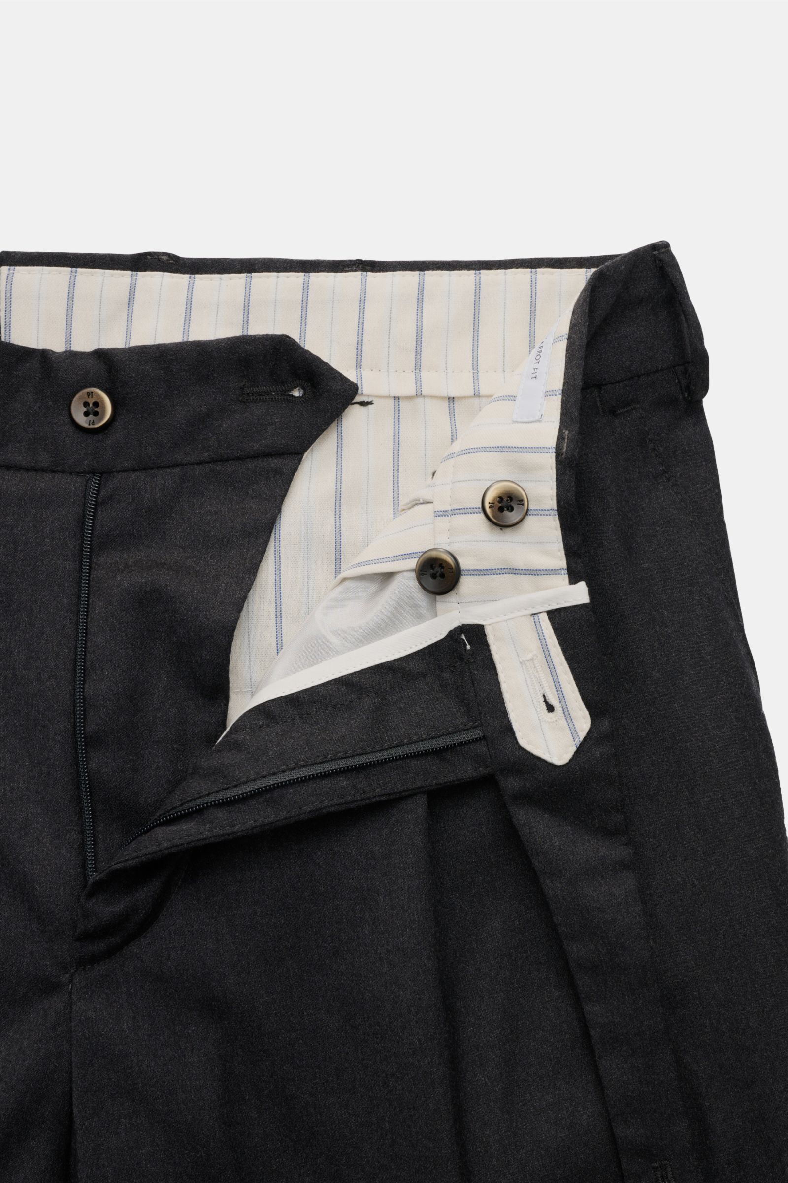 PT Torino Wollhose 'Carrot Fit' anthrazit meliert, Detailaufnahme von innen mit Reißverschluss, Bundknöpfen, Bundfalten und Saumaufschlag.