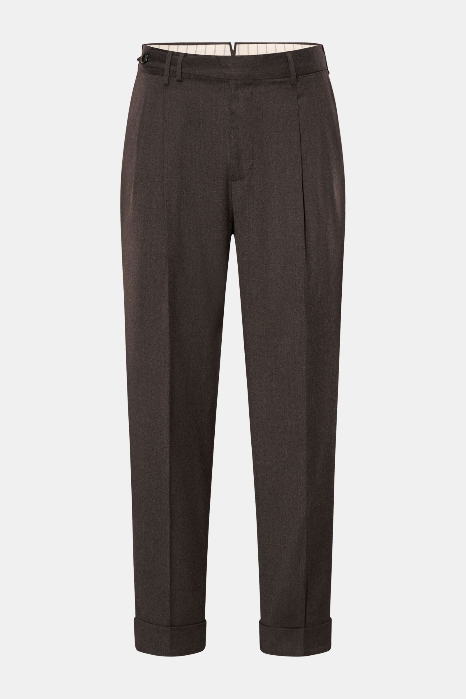 PT Torino Wollhose 'Carrot Fit' graubraun meliert, frontale Ansicht, reine Schurwolle, Stretch, Bundfalten, Saumaufschlag, schmal zulaufend, knöchellang.