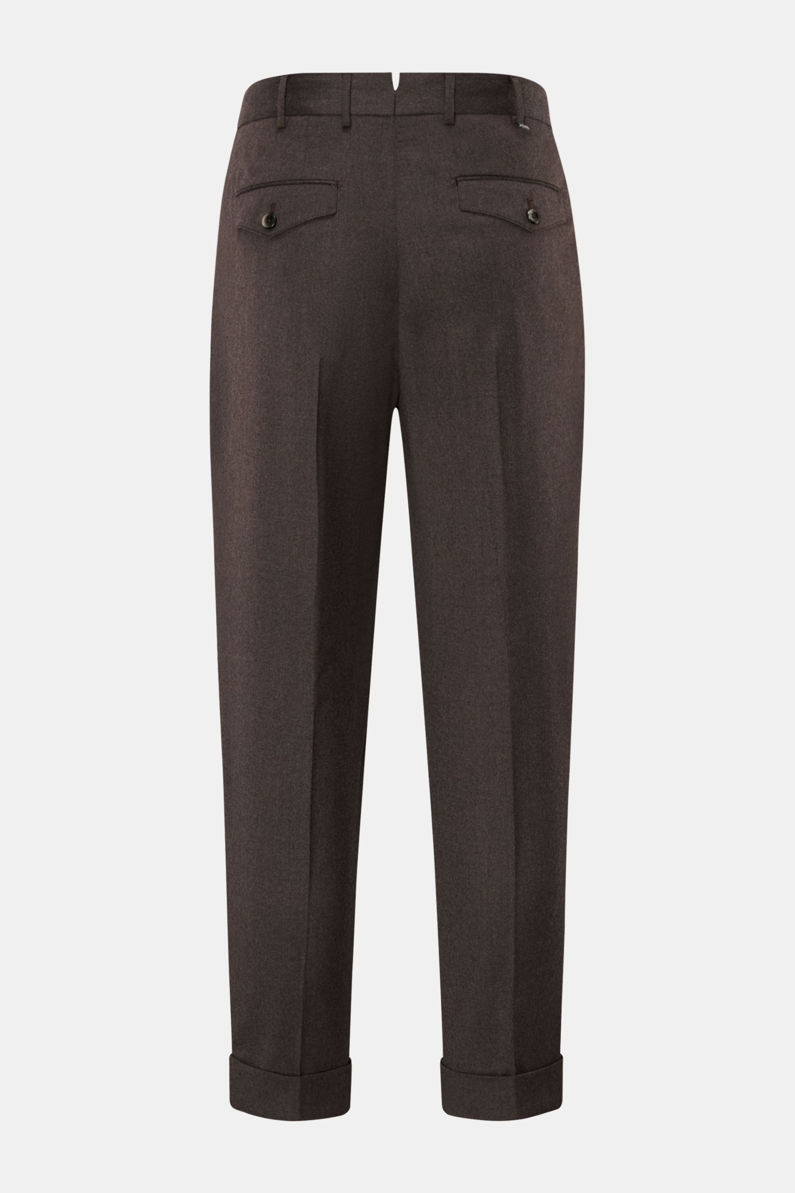 PT Torino Wollhose 'Carrot Fit' graubraun meliert, Rückansicht, reine Schurwolle, Stretch, Bundfalten, Saumaufschlag, schmal zulaufend, knöchellang.