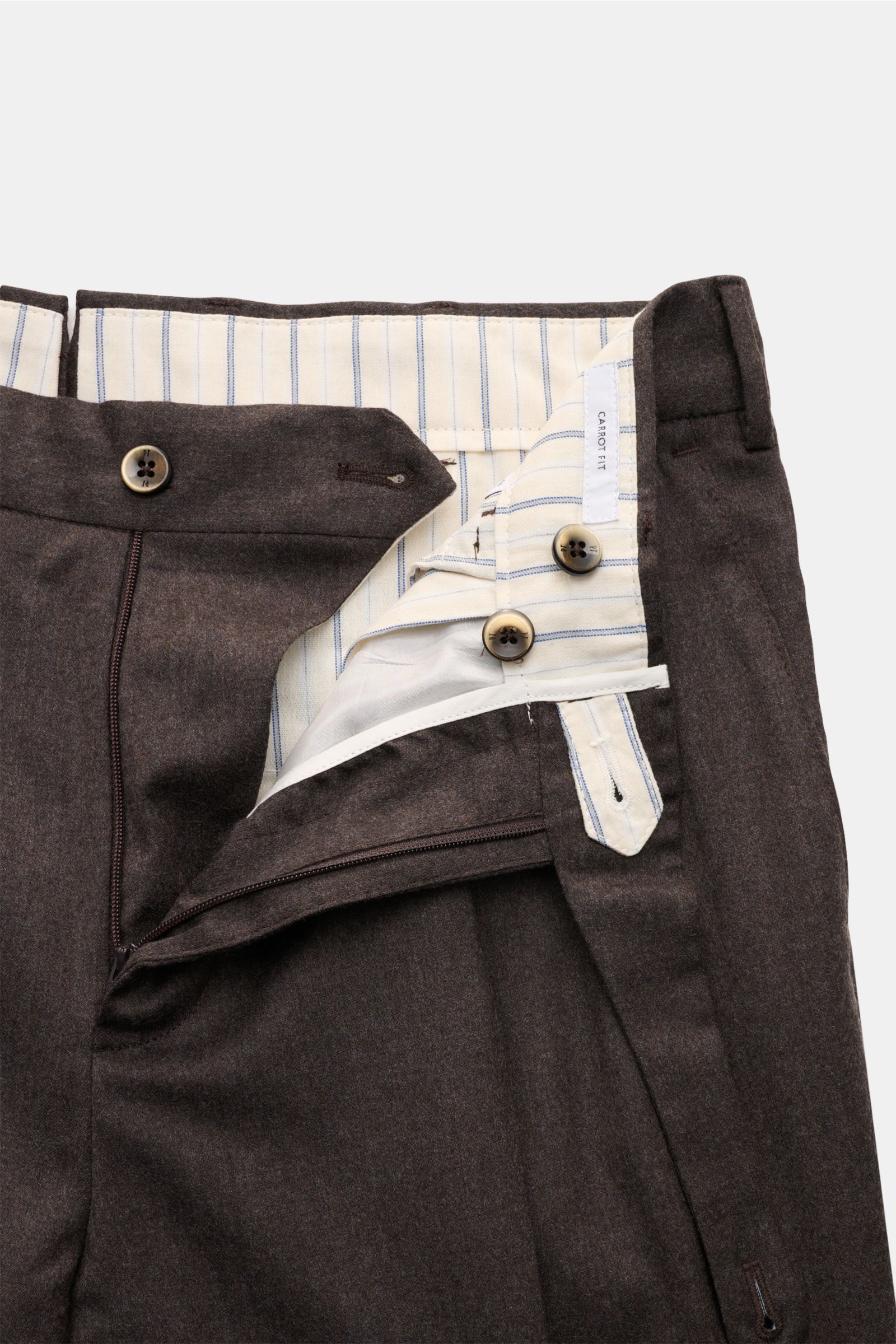 PT Torino Wollhose 'Carrot Fit' graubraun meliert, Vorderansicht mit offenem Bund, Reißverschluss, Knöpfen und Innenfutter aus Schurwolle mit Stretch.