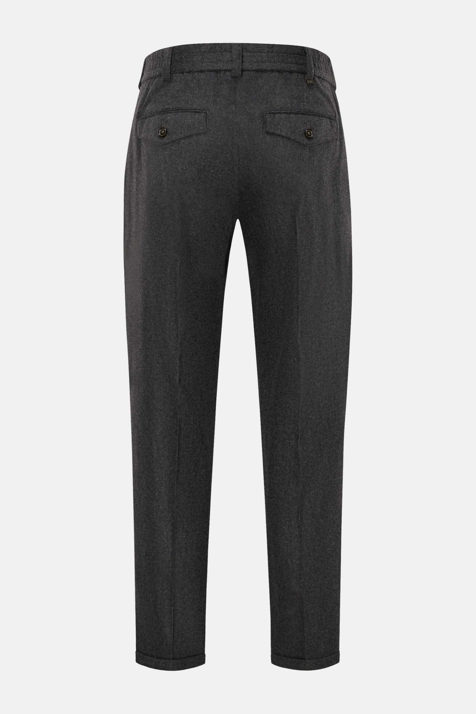 Rückansicht der PT Torino Woll-Jogpants 'The Rebel' anthrazit meliert, knöchellang, schmal zulaufend mit elastischem Bund, Button-Fly, französischen Taschen, Gesäßtaschen mit geknöpfter Patte, Tapered Fit, weichem Griff und Mix aus Wolle und Cashmere.
