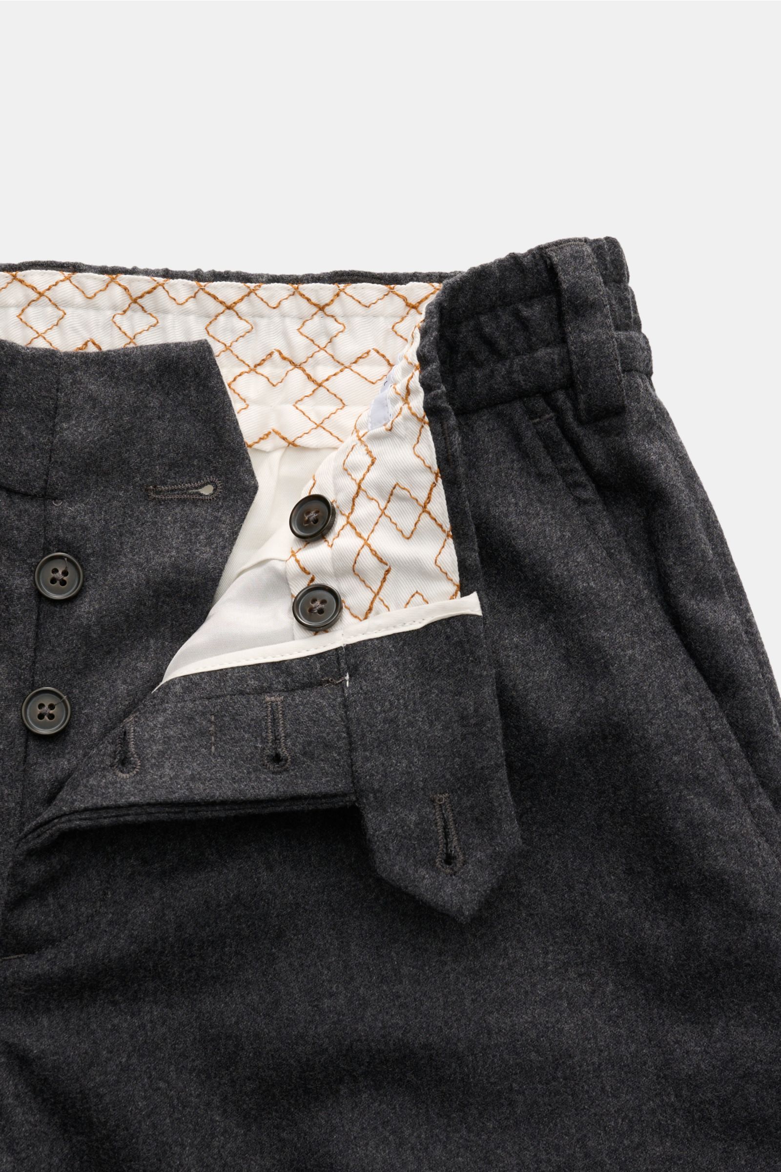 PT Torino Woll-Jogpants 'The Rebel' anthrazit meliert, Detailansicht von oben, Mix Wolle/Cashmere, elastischer Bund, Button-Fly, französische Taschen, schmaler Saum.