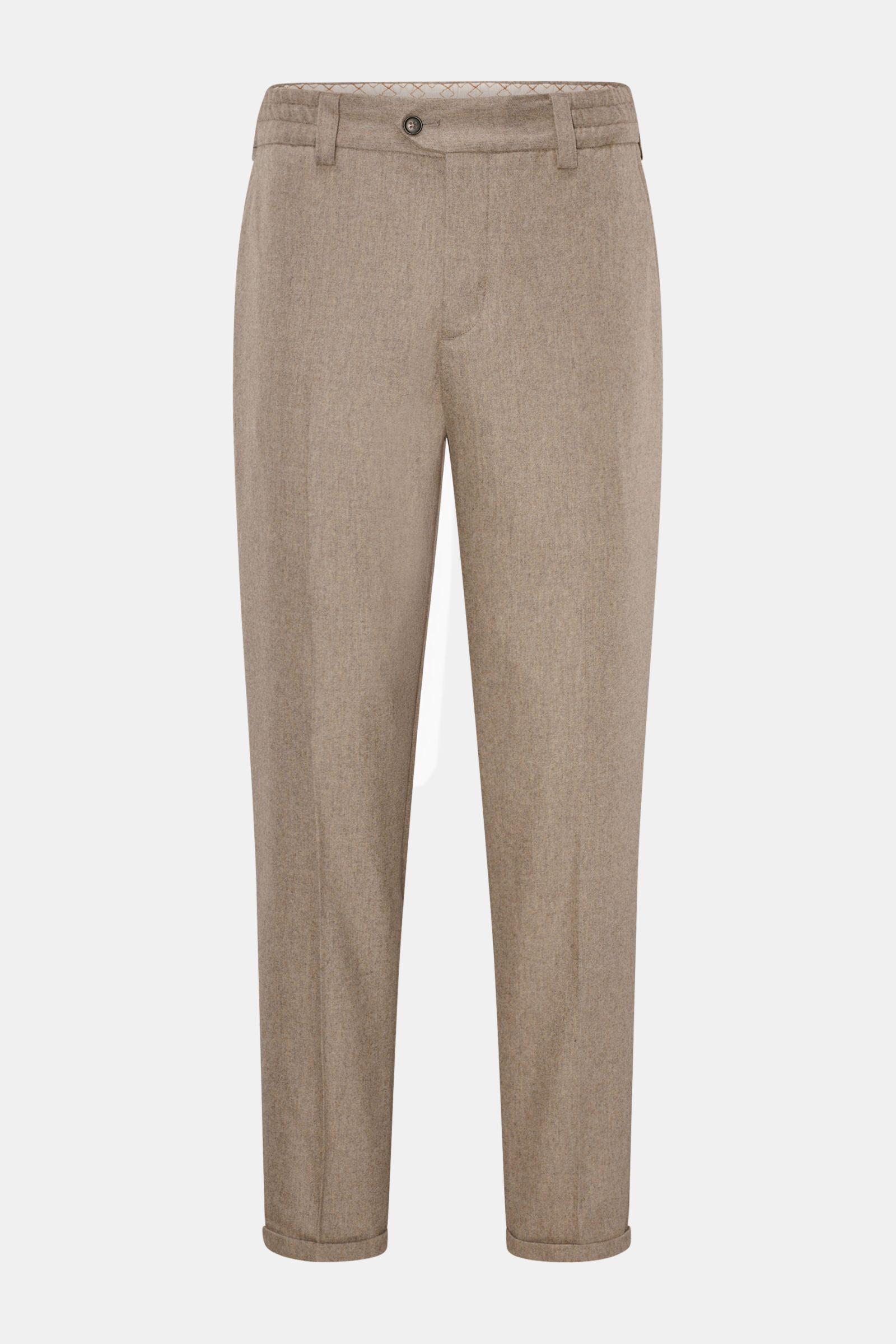 PT Torino Woll-Jogpants 'The Rebel' beige meliert, von vorne, Mix aus Wolle und Cashmere, elastisch, weicher Griff, Tapered Fit, knöchellang, Button-Fly, elastischer Bund, französische Taschen, Gesäßtaschen mit Patte, schmaler Saumaufschlag.