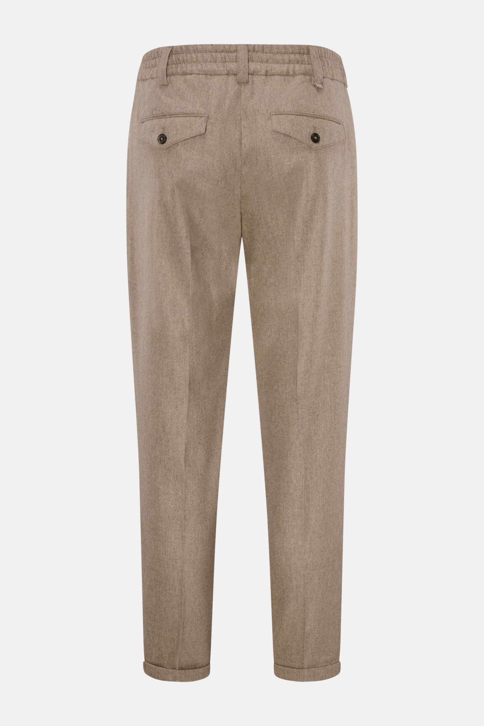PT Torino Woll-Jogpants 'The Rebel' beige meliert, Rückansicht, Mix aus Wolle und Cashmere, elastisch, weicher Griff, Tapered Fit, knöchellang, Button-Fly, Taschen.