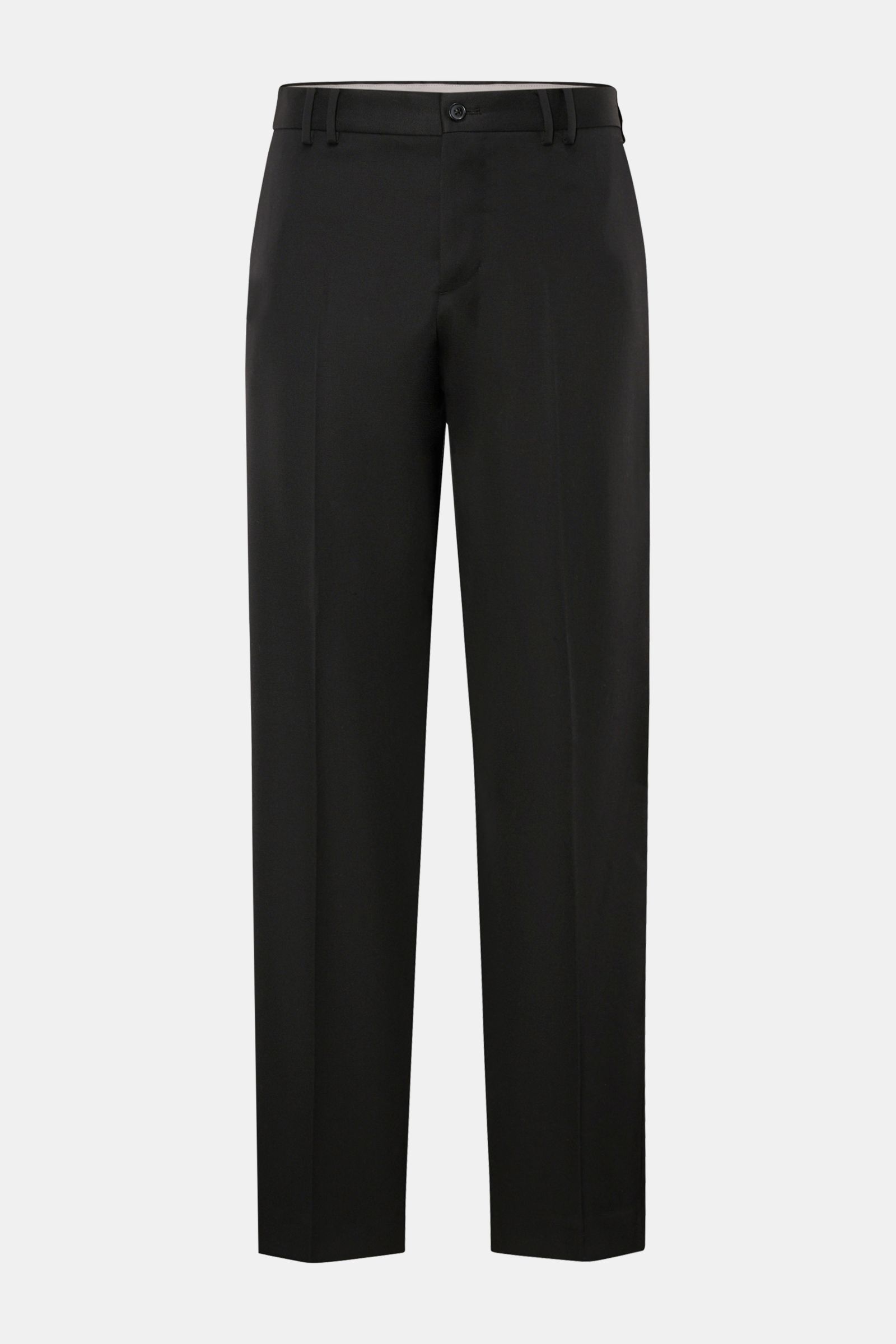 PT Torino Wool trousers 'Michael' black shown from front, narrow jetting along side seam, pure wool twill, smooth feel, regular fit, straight cut, zip and waist buttons, French pockets, back pockets with flap, small metal logo. Elegance meets subtle detai