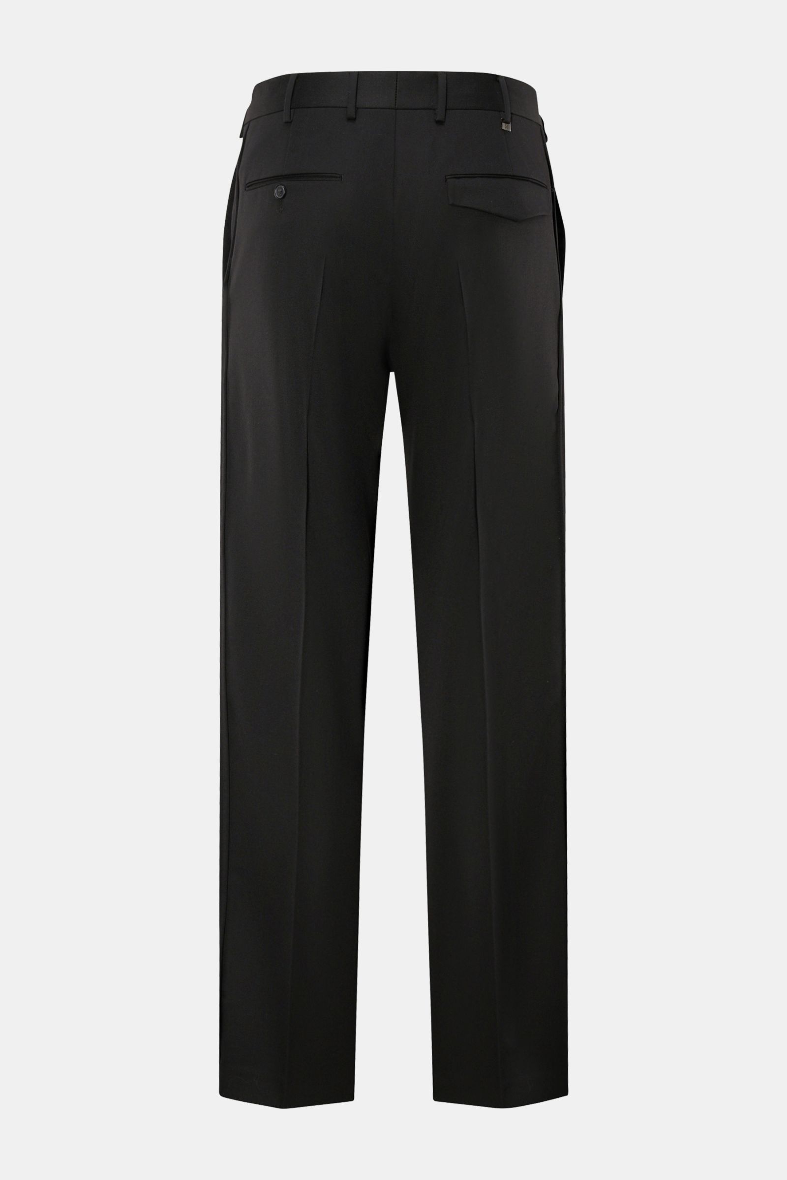 PT Torino Wool trousers 'Michael' black shown from the back, featuring pure wool twill, regular fit, straight cut, French pockets, jetted side seam, back pockets with flap, zip and waist buttons, smooth feel, and small metal logo, elegance meets subtle de