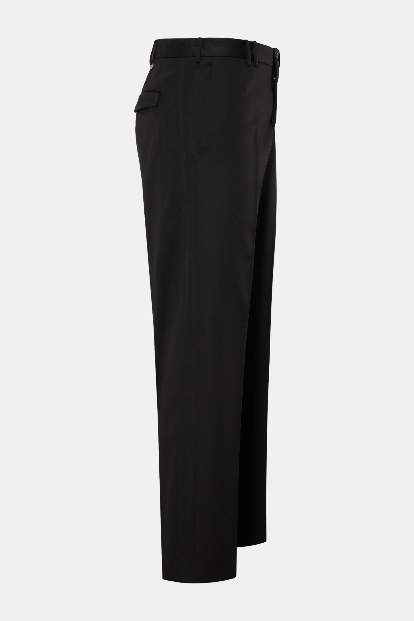 PT Torino Wool trousers 'Michael' black shown from the side, featuring pure wool twill, regular fit, straight cut, zip and waist buttons, French pockets, jetted side seam, back pockets with flap, small metal logo. Elegance meets subtle details – the trous