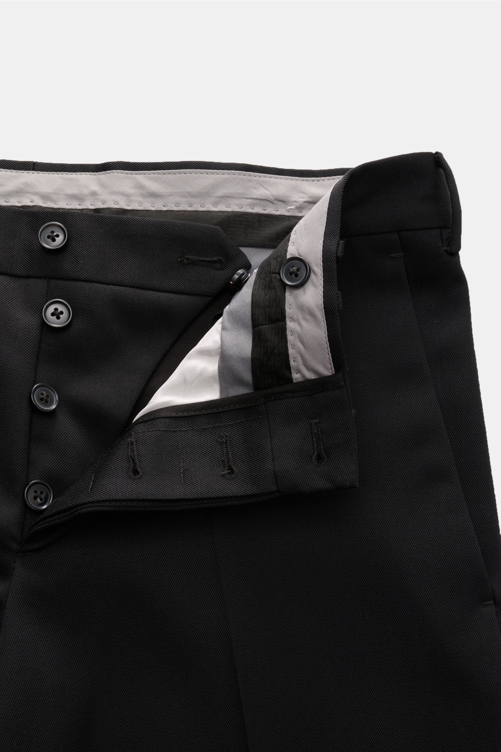 PT Torino Wool trousers 'Michael' black shown from a close-up front angle with open button fly, pure wool twill, regular fit, straight cut, French pockets, jetted side seam, back pockets with flap, zip and waist buttons, smooth feel, small metal logo, ele