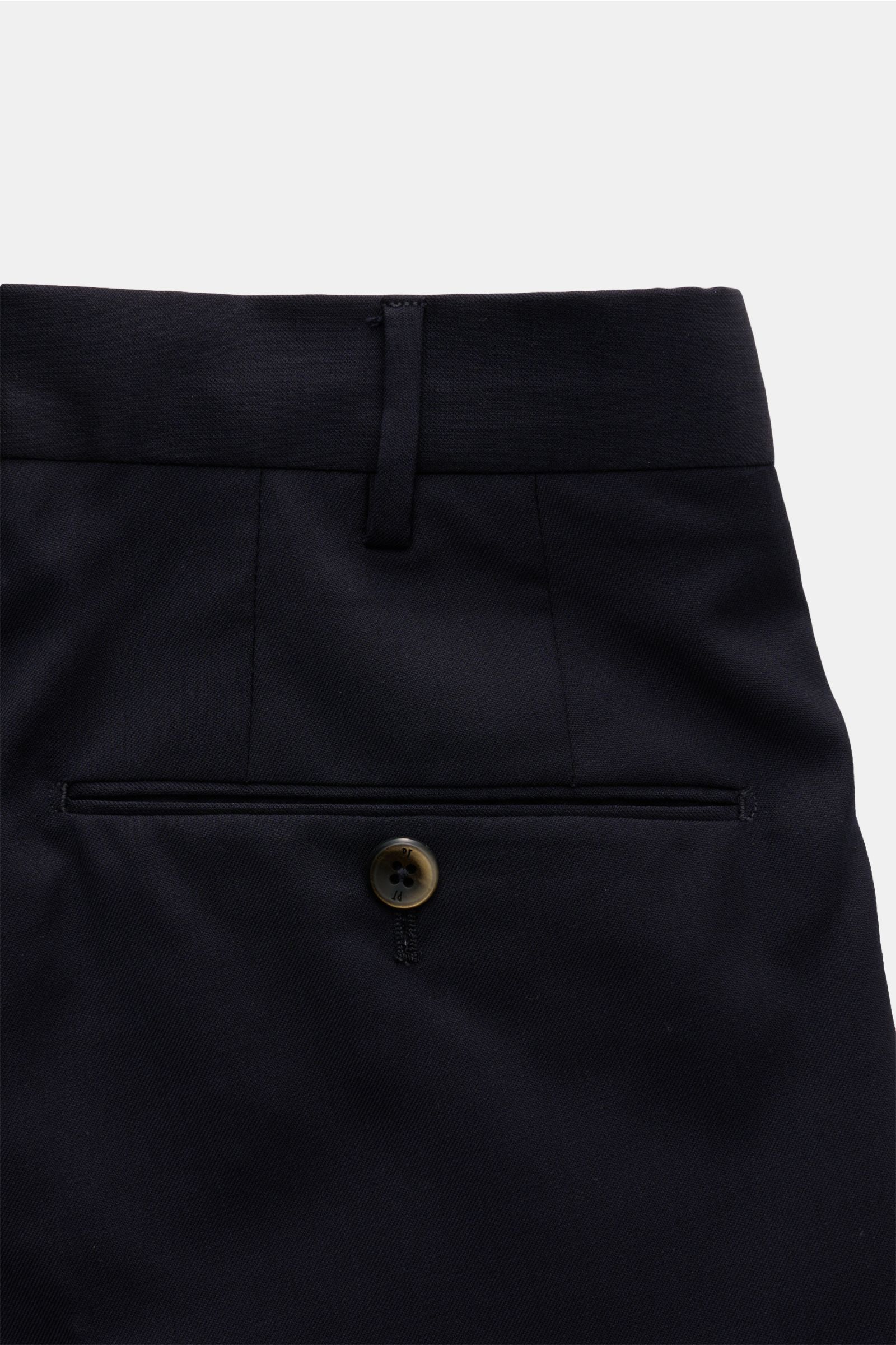Close-up rear view of the PT Torino Wollhose 'Slim Fit' navy showcasing fine twill pure wool fabric, soft touch, slim fit, tapered cut, zipper and waistband buttons, French pockets, small watch pocket, narrow welted back pockets with button, and open leng