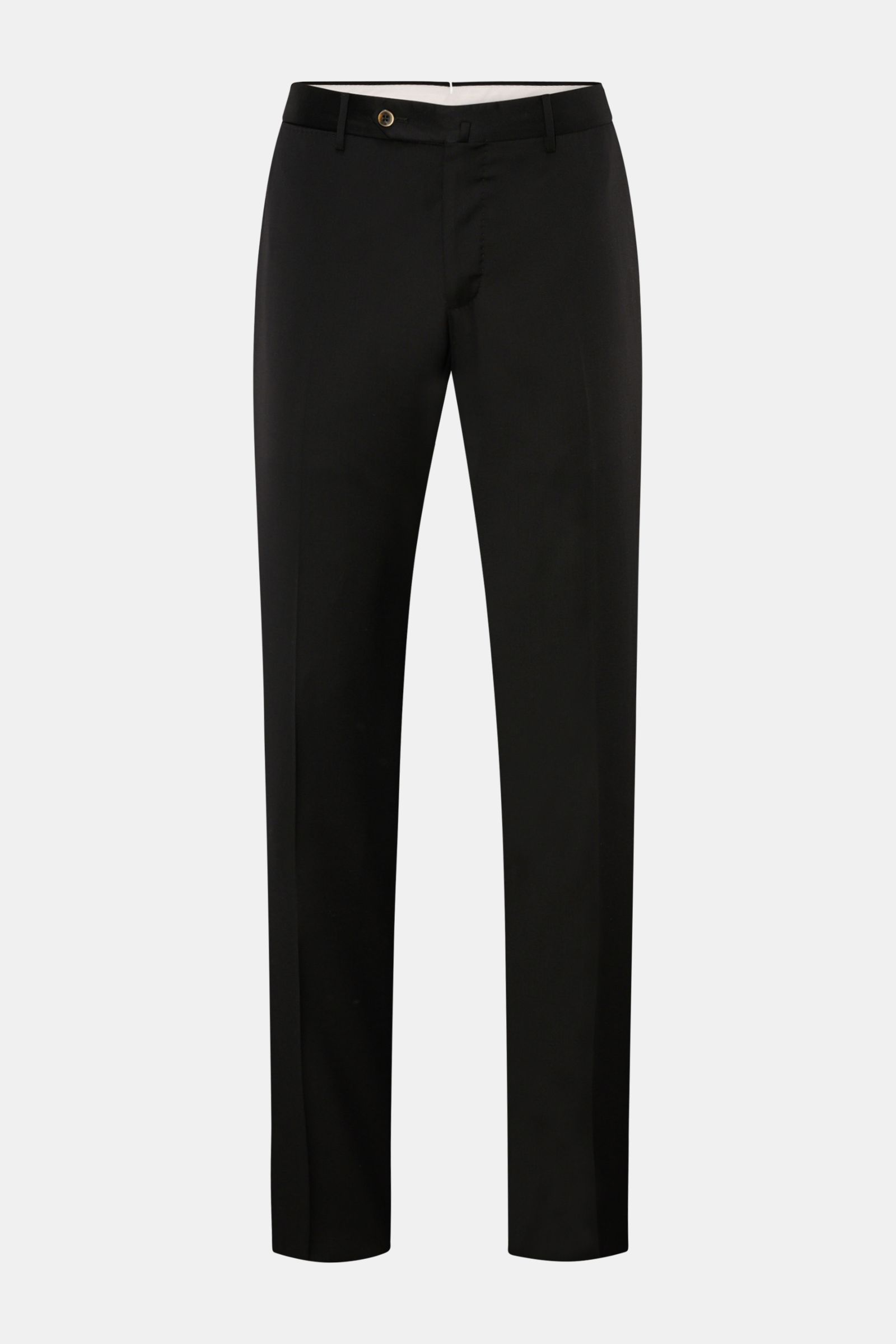 PT Torino Wollhose 'Slim Fit' schwarz, frontale Ansicht, feiner Twill aus reiner Wolle, weicher Griff, schmal zulaufend, Reißverschluss mit Bundknöpfen, französische Taschen, kleine Uhrentasche, paspelierte Gesäßtaschen mit Knopf, offene Länge.