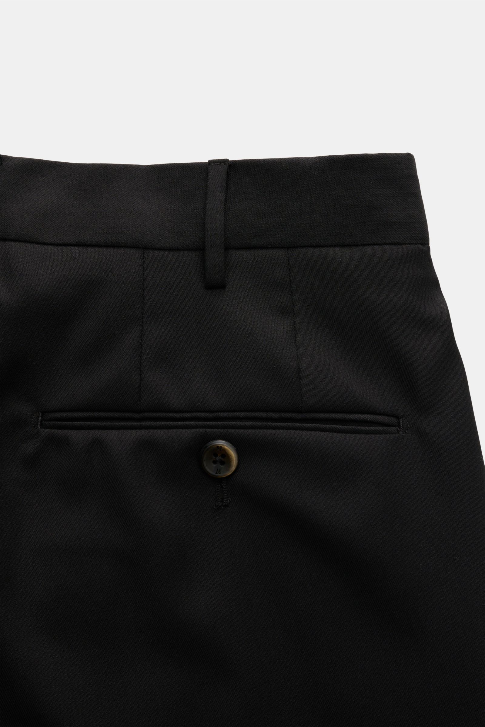 PT Torino Wollhose 'Slim Fit' schwarz aus feinem Twill, reine Wolle, weicher Griff, schmal zulaufend, Rückansicht mit paspelierten Gesäßtaschen und Knopf.