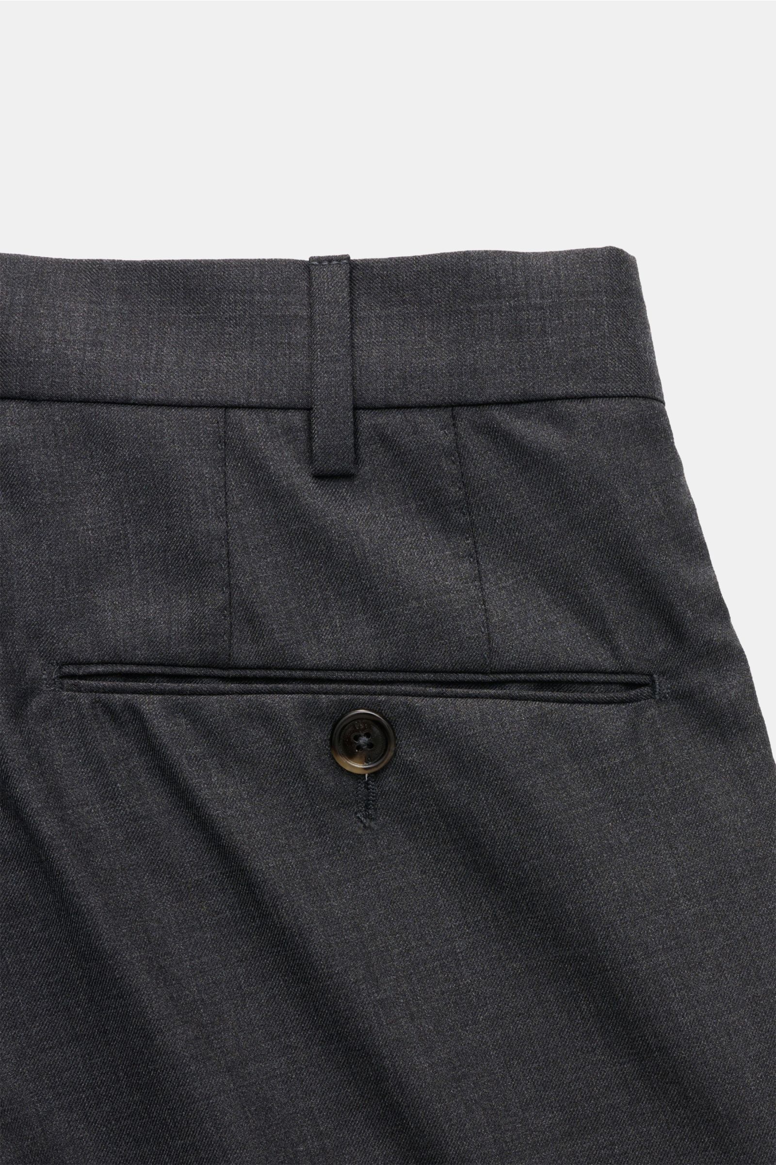 PT Torino Wollhose 'Slim Fit' anthrazit, Rückansicht mit Bund, Gürtelschlaufe, paspelierte Gesäßtasche und Knopf, reine Super 160'S Wolle.