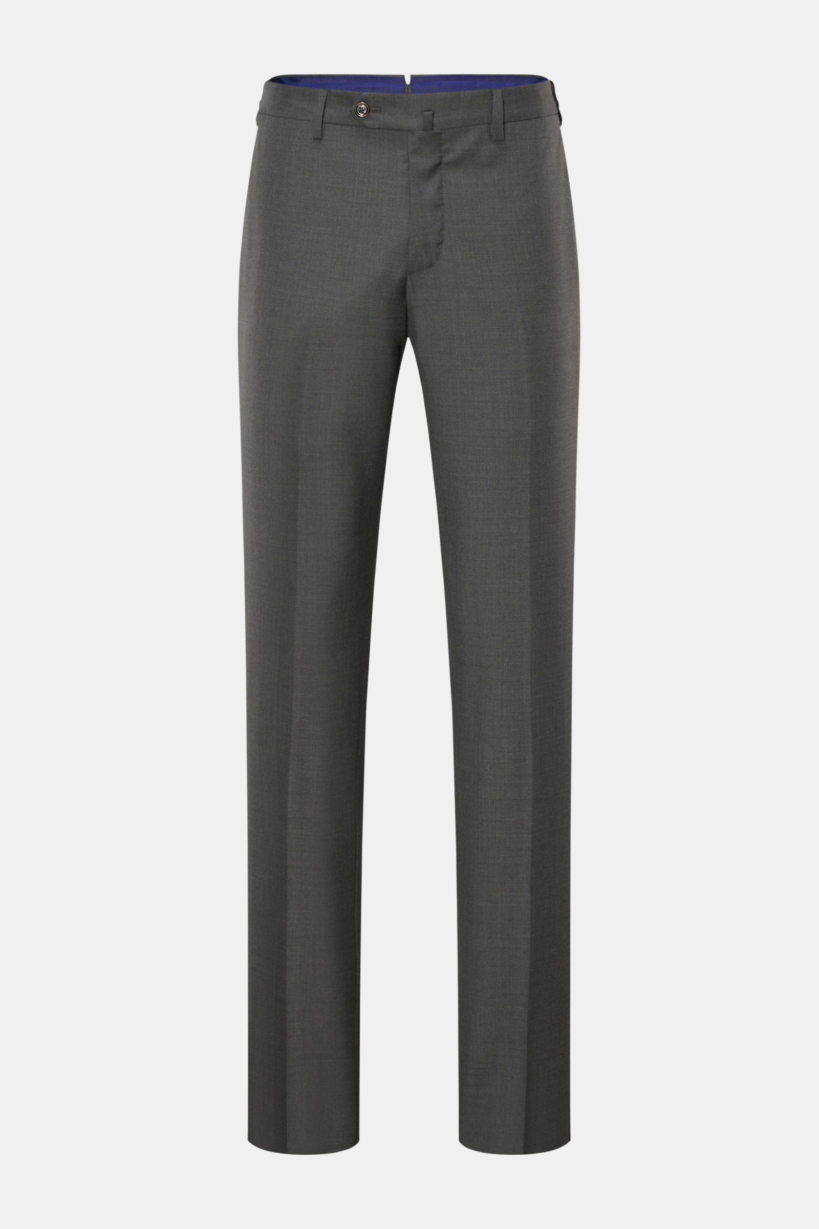 Front view of PT Torino Wollhose 'Slim Fit' dunkelgrau, a pair of dark gray slim-fit wool trousers made from pure Super 160'S wool with a smooth touch and lightweight quality. Features include a zipper and waistband buttons, French pockets, a small watch 