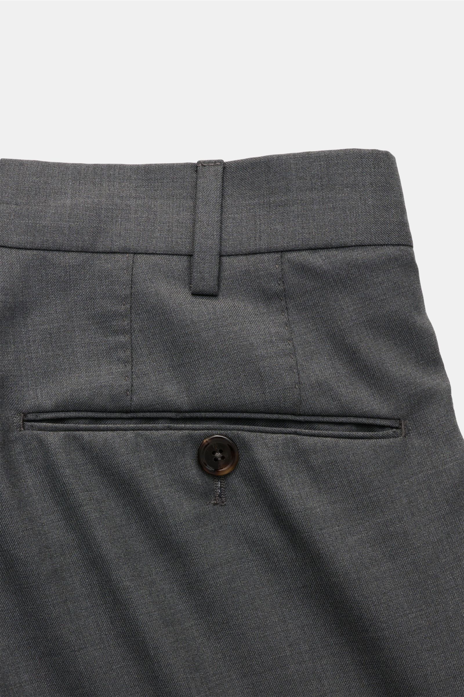 Close-up rear view of PT Torino Wollhose 'Slim Fit' dunkelgrau in dark gray, made from pure Super 160'S wool with a smooth feel, lightweight quality, slim tapered silhouette, zipper and waistband buttons, French pockets, small watch pocket, and welted bac