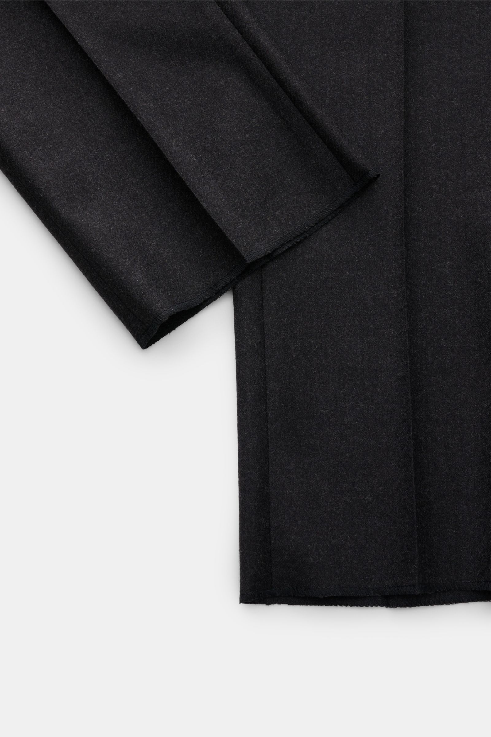 Incotex Woll-Jogpants anthrazit aus reiner Wolle, Regular Fit, mit elastischem Bund, Bundfalte, französischen Taschen, Reißverschluss und offener Länge, Detailaufnahme.