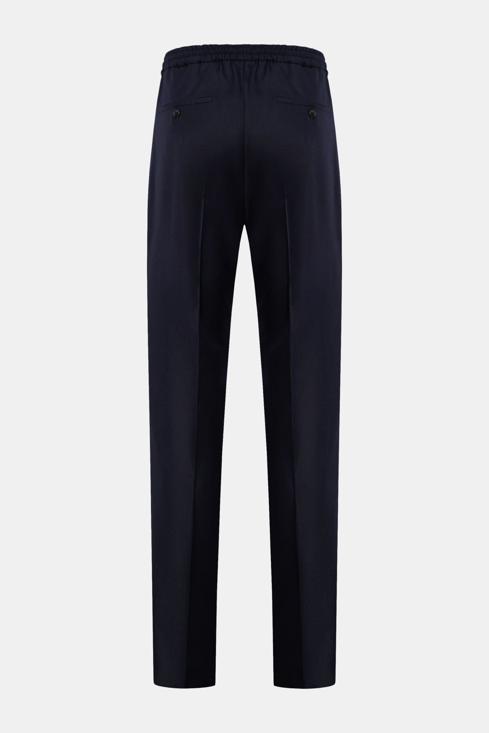 Rear view of Incotex Wool jogger pants navy in pure wool with elasticated waistband, drawstring, jetted back pockets, and tapered cut.

Description: For perfect looks: These jogger pants in high-quality, pure wool in a regular fit by INCOTEX are a casu