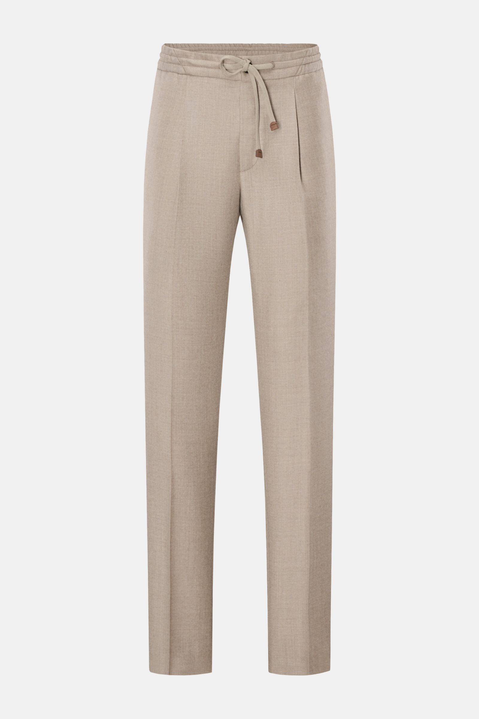 Incotex Woll-Jogpants beige meliert, frontale Ansicht, Regular Fit, reine Wolle, elastischer Bund mit Tunnelzug, Bundfalte, französische Taschen, paspelierte Gesäßtaschen, offene Länge.