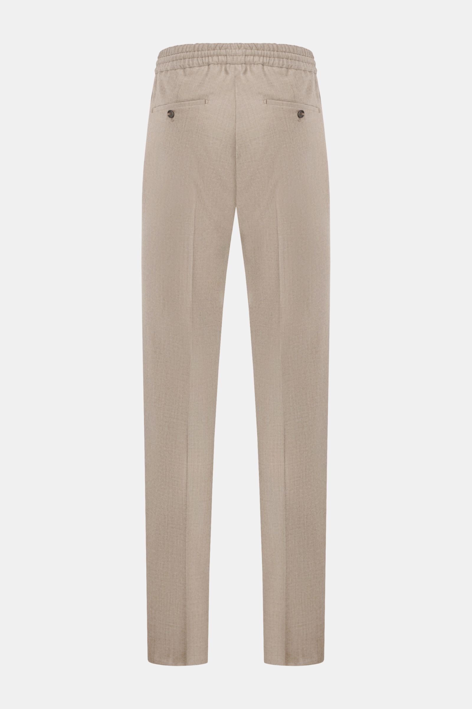 Incotex Woll-Jogpants beige meliert, Rückansicht, reine Wolle, Regular Fit, elastischer Bund, Tunnelzug, französische Taschen, leicht schmal zulaufend.