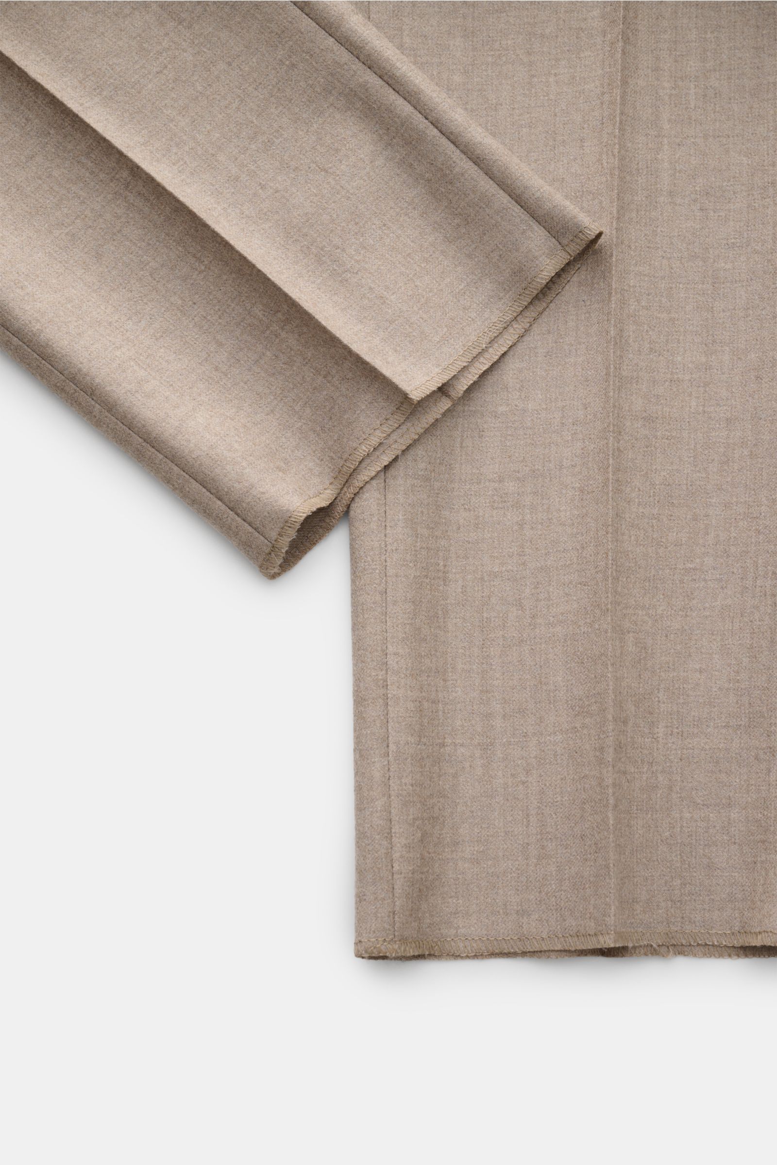 Incotex Woll-Jogpants beige meliert, Detailaufnahme von unten, reine Wolle, weicher Griff, Regular Fit, elastischer Bund, Bundfalte, französische Taschen.