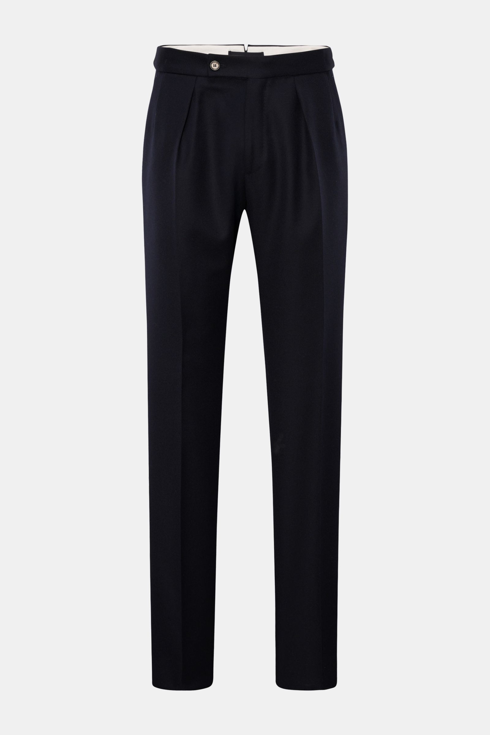 Incotex Wollhose navy, frontale Ansicht, Twill aus reiner Wolle, Regular Fit, doppelte Bundfalte, Side Adjuster, französische Taschen, Gesäßtaschen mit Patte.