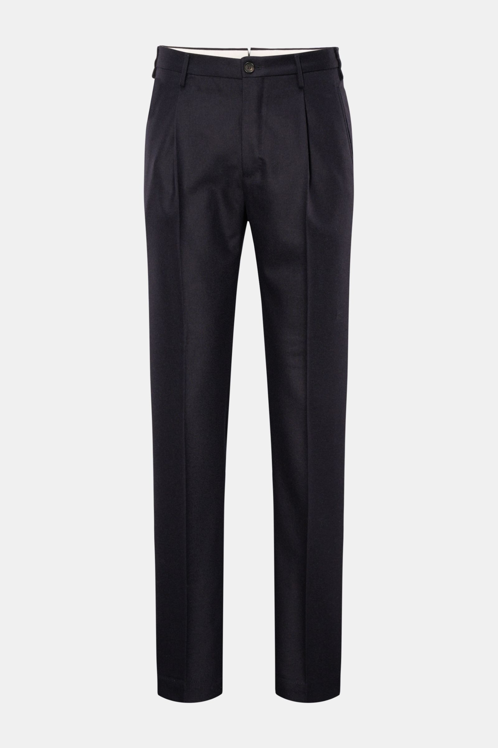 Front view of Incotex Wool trousers navy in a regular fit with tapered cut, single pleat, jetted French pockets, and hip pockets.