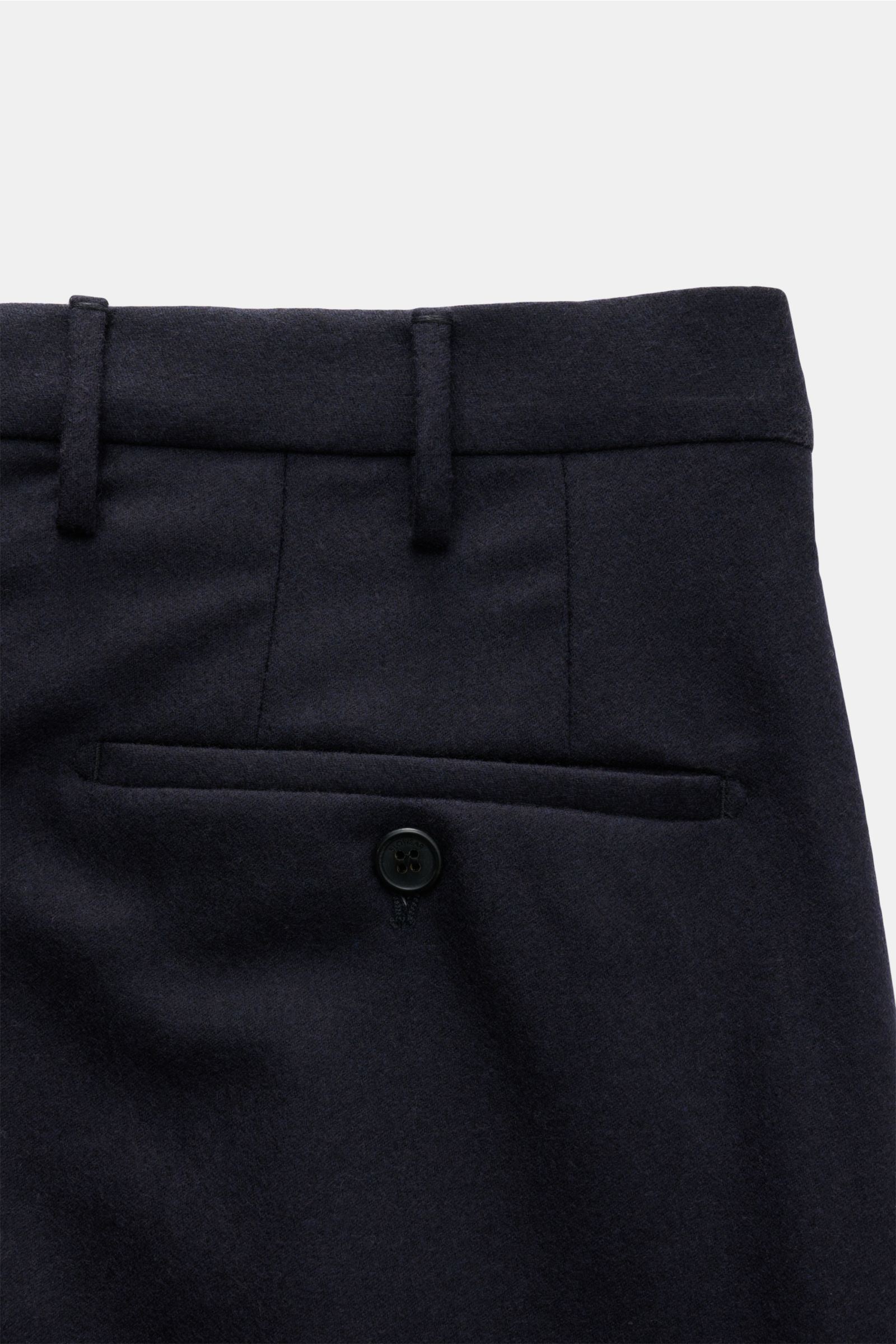 Close-up rear view of Incotex Wool trousers navy showing single pleat, jetted French pocket with button, and belt loops in wool-cashmere blend.

Description: These trousers by INCOTEX are the perfect choice for any office and occasion wardrobe – a fine