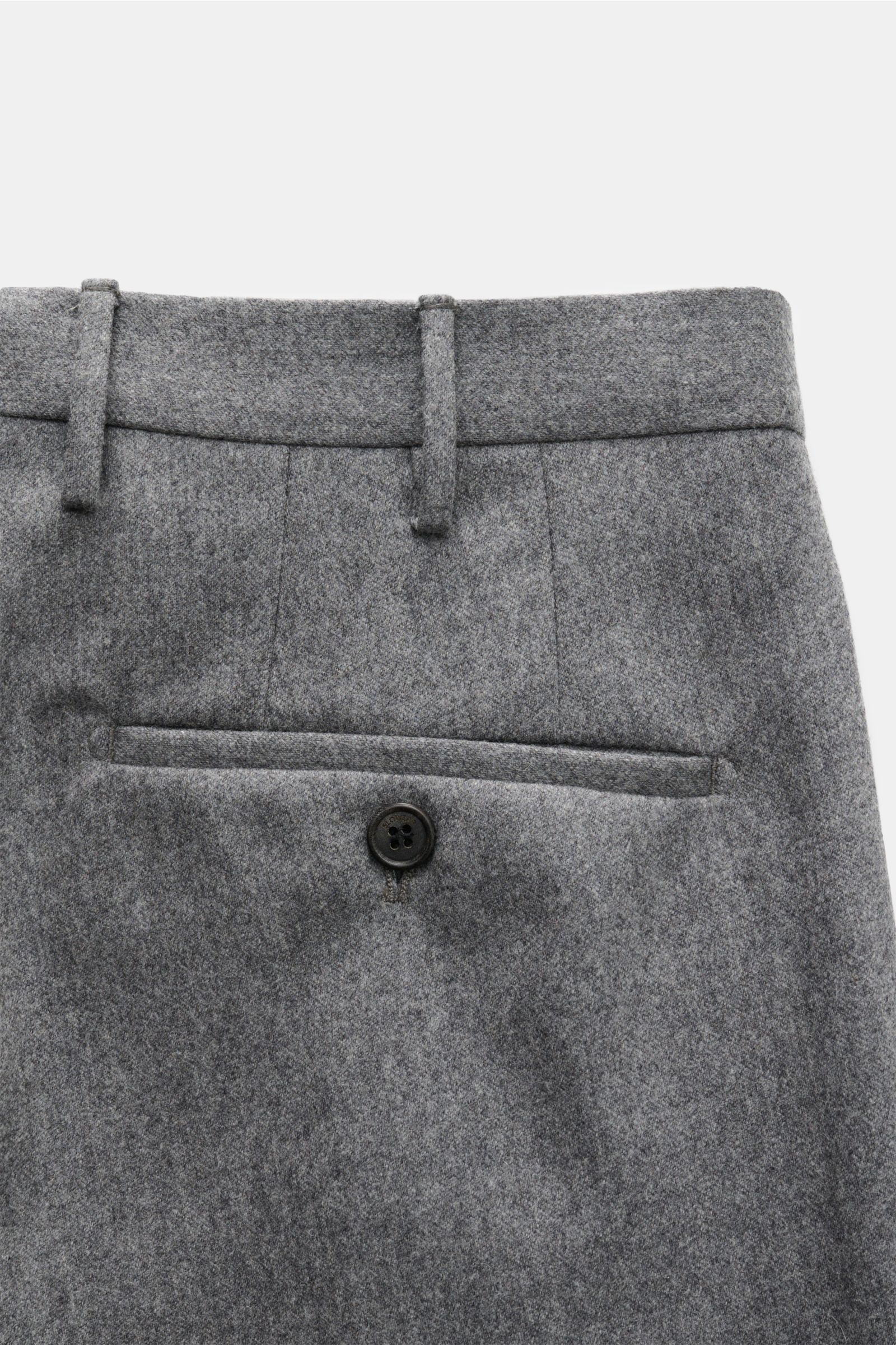 Incotex Wollhose grau meliert, Detailaufnahme von hinten oben, Bundfalte, Leistentaschen mit Knopf, Wolle mit Cashmere, schmal zulaufend, Regular Fit.
