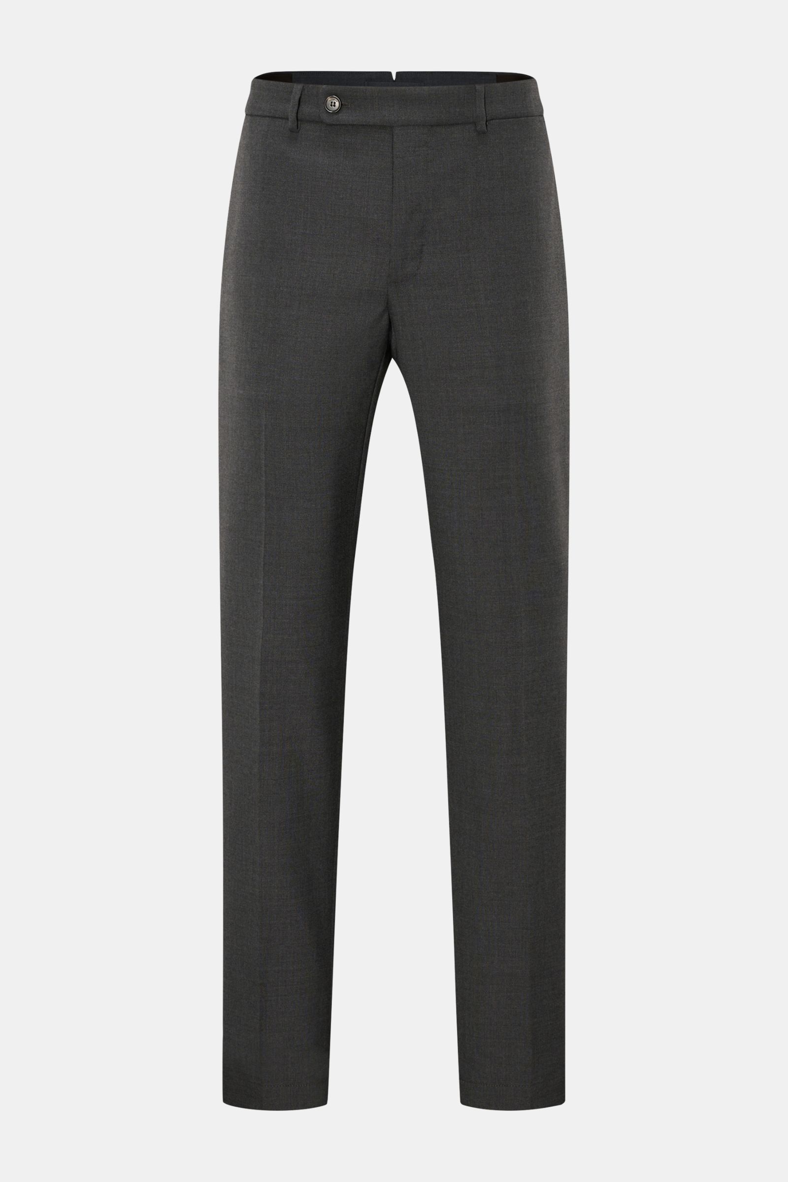 Incotex Wollhose dunkelgrau, Frontansicht, Regular Fit, sehr schmal zulaufend, Strukturgewebe aus reiner Wolle, leicht griffig, Reißverschluss, Bundknöpfe, französische Taschen, kleine Uhrentasche, Gesäßtaschen mit Knopf.
