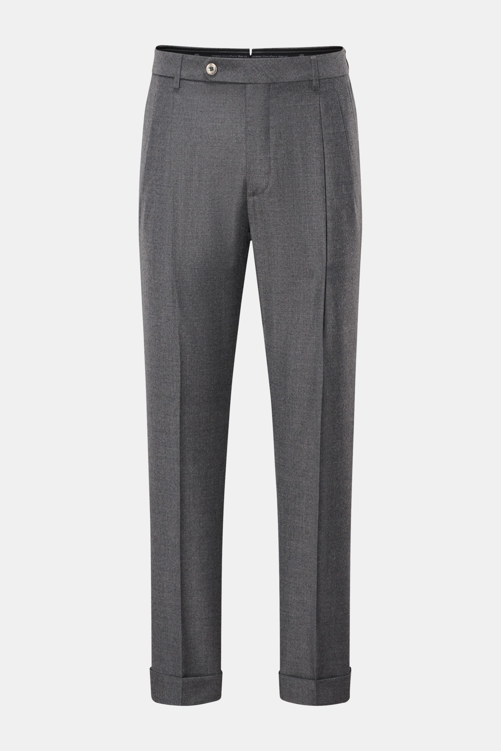 Front view of GTA Wollhose 'Luca' dunkelgrau meliert, cropped wool trousers with tapered fit, cashmere blend, Waist Comfort Band, French pockets.